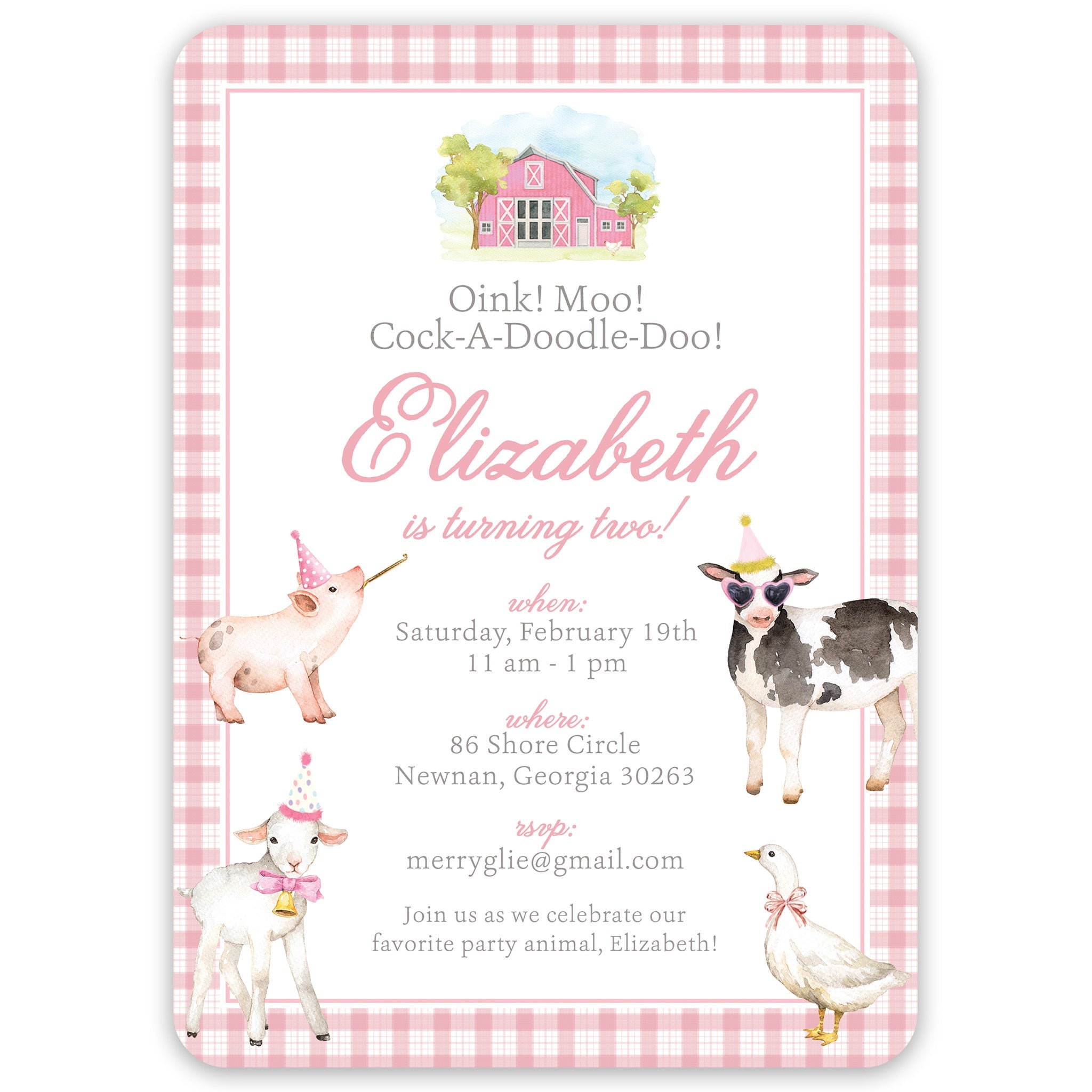 Pink Farm Animal Birthday Invitation