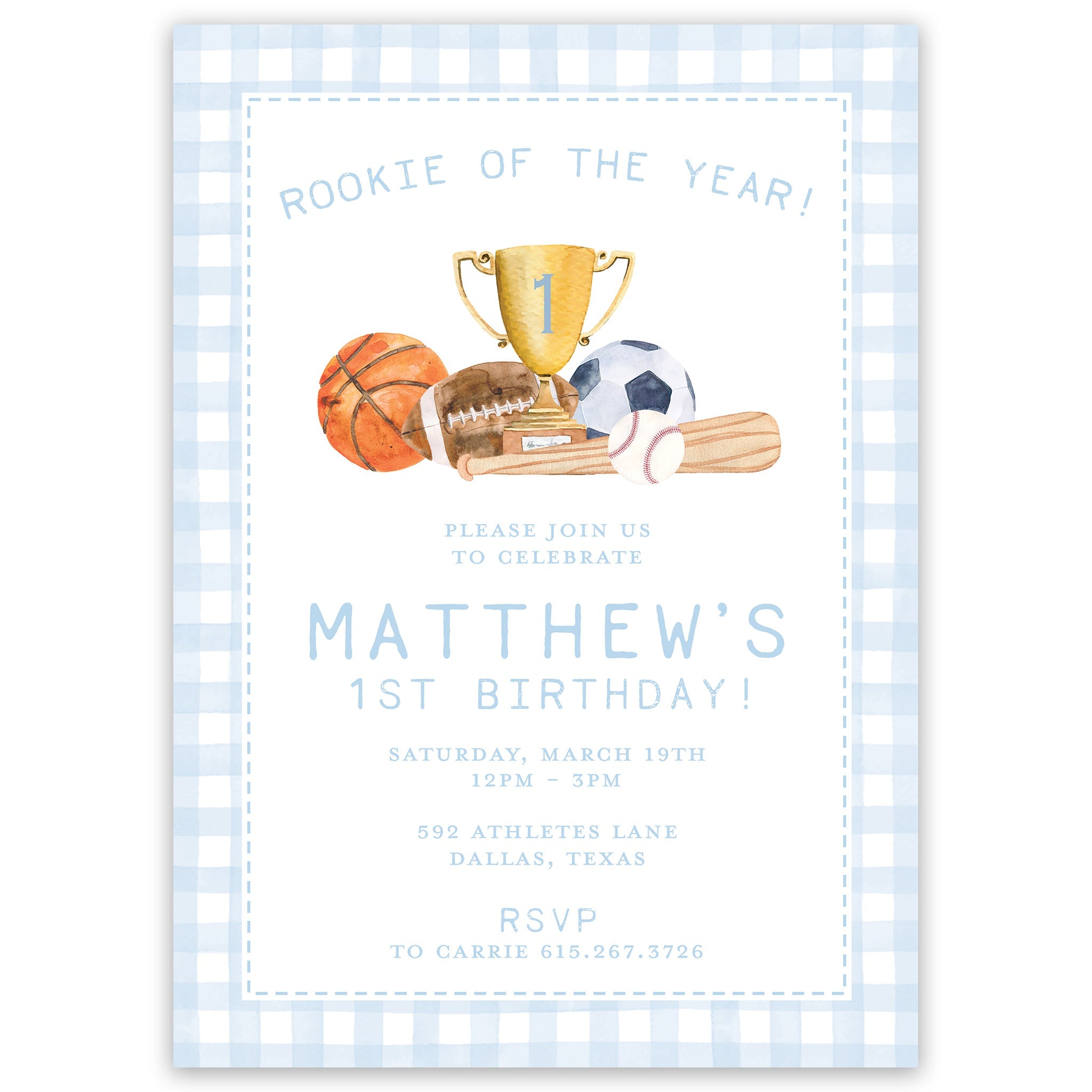 Rookie Of The Year Sports Birthday Invitation