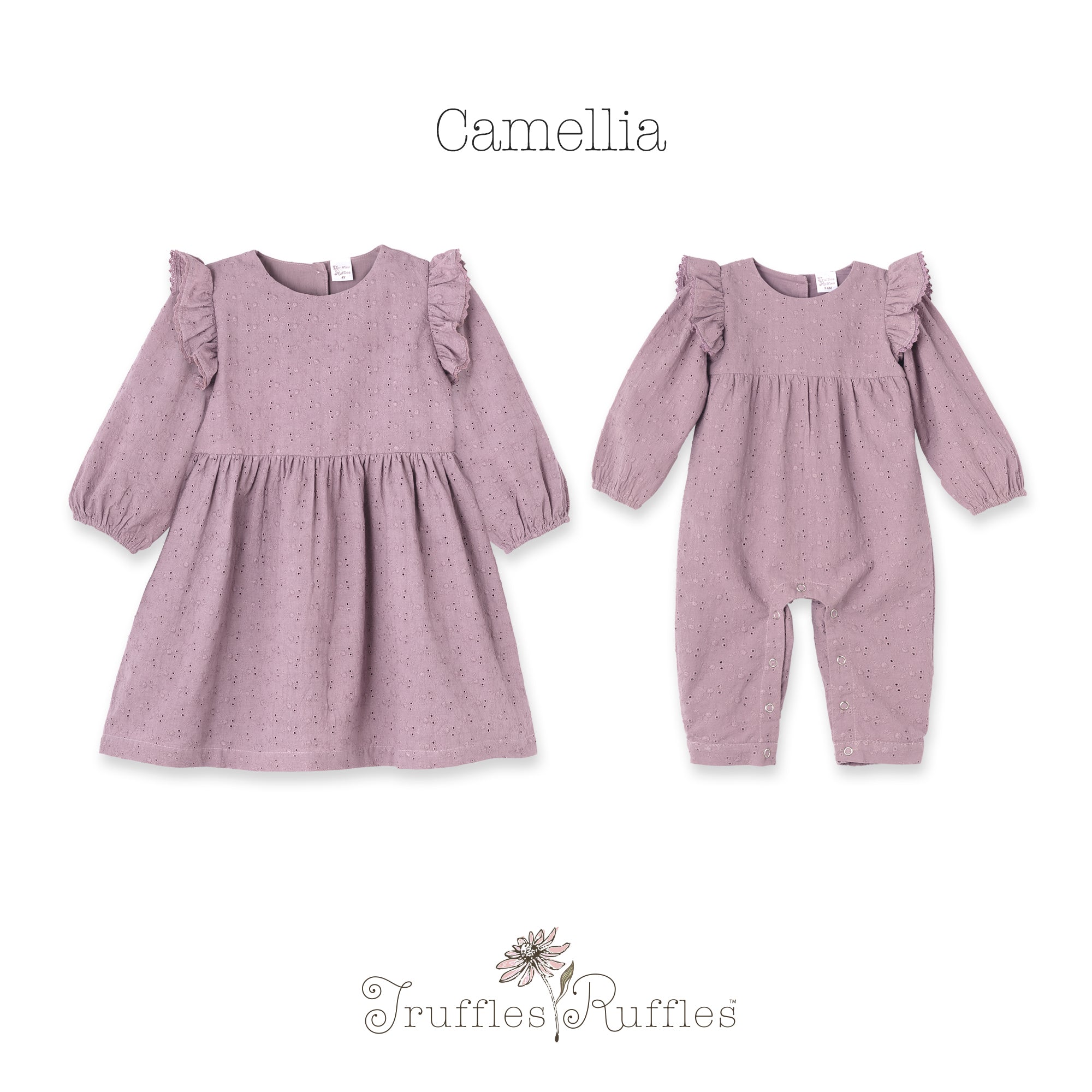 Mauve Eyelet Girls Dress – Embroidered Cotton Ruffle Sleeve