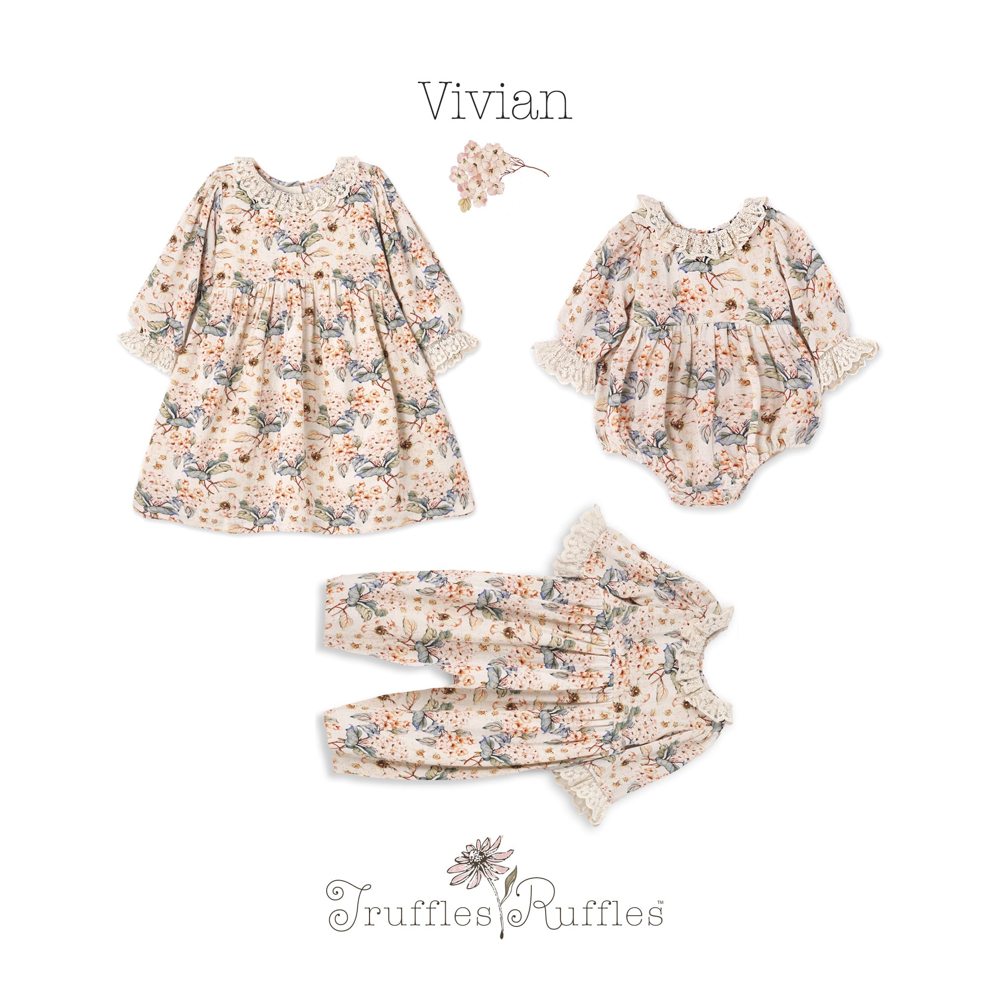 Vivian Girl's Woven Floral Dress With Lace Accents