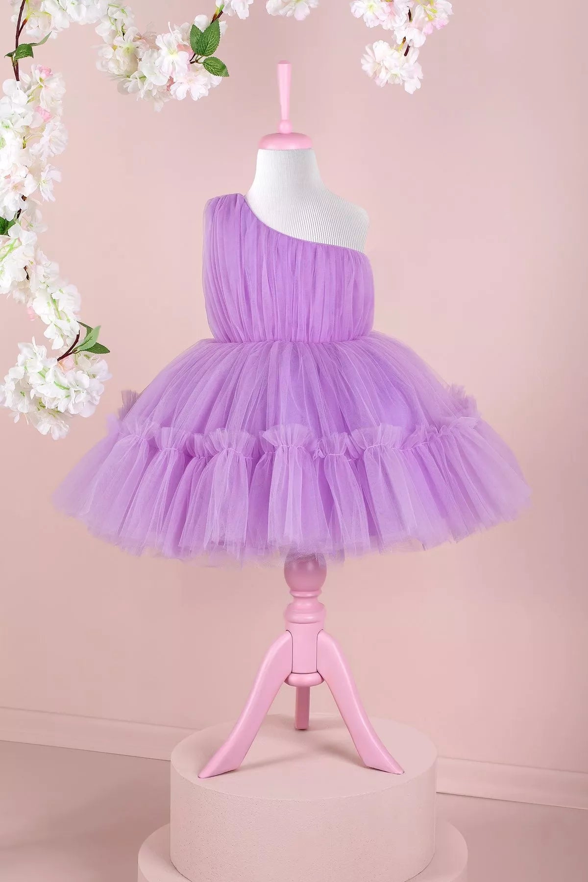 Lilac Party Dress – One-Shoulder Tulle Toddler Dress