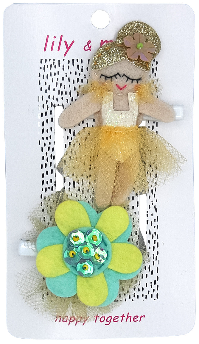 Flora Princess Hair Clips- Glitter Gold And Yellow