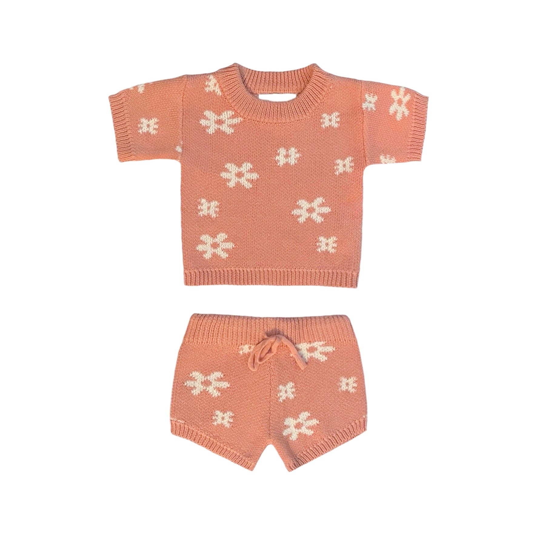Peach Flower Blossom Knit Short Set