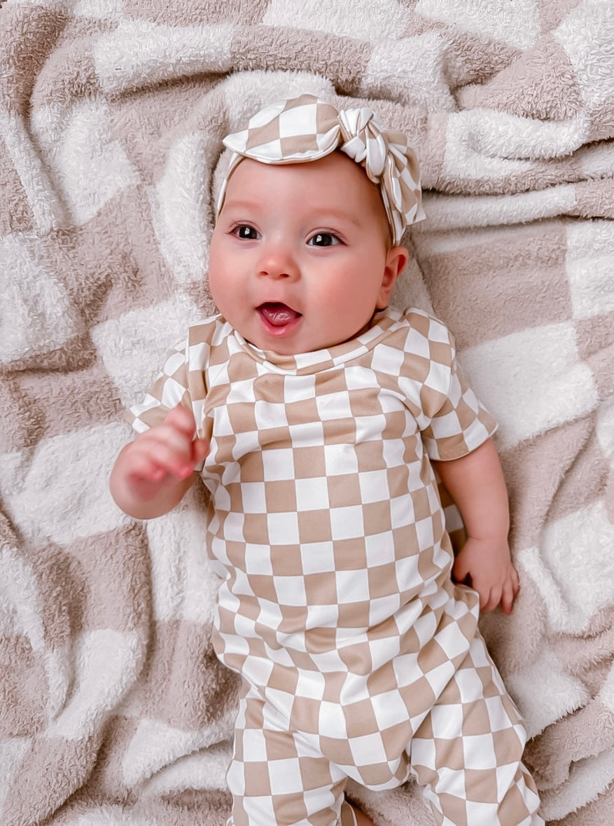 Taupe Retro Checkered Harem Romper
