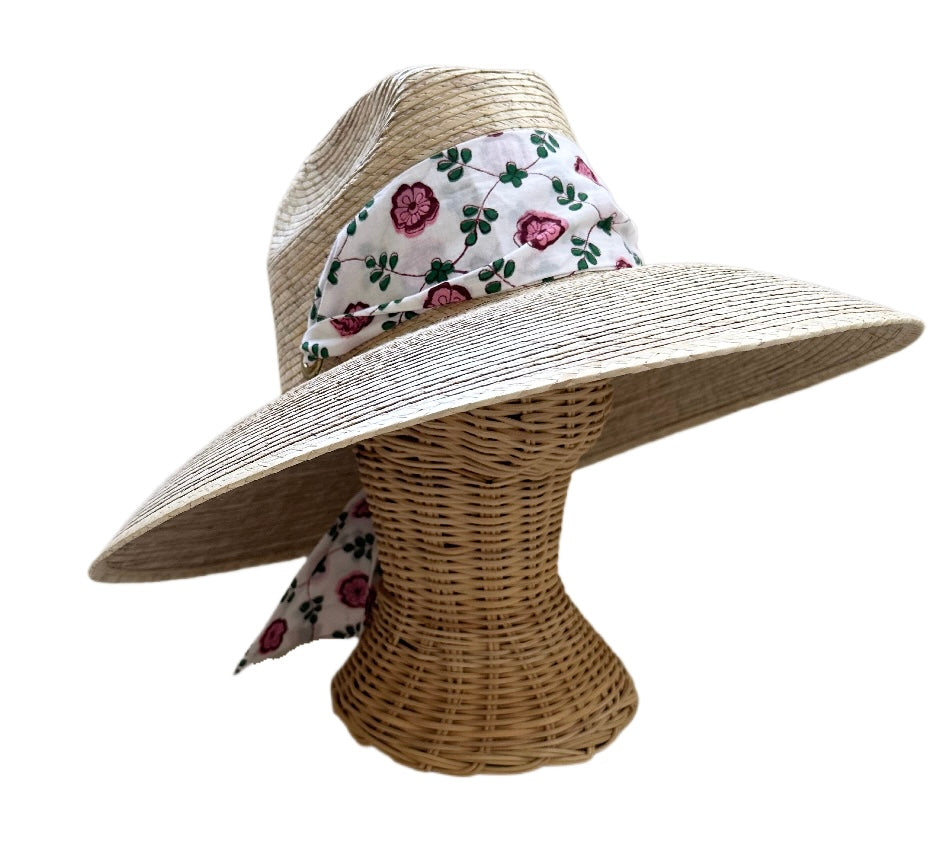 Hollyhock Sun Hat - Pink Pansy Block Print Hat Scarf