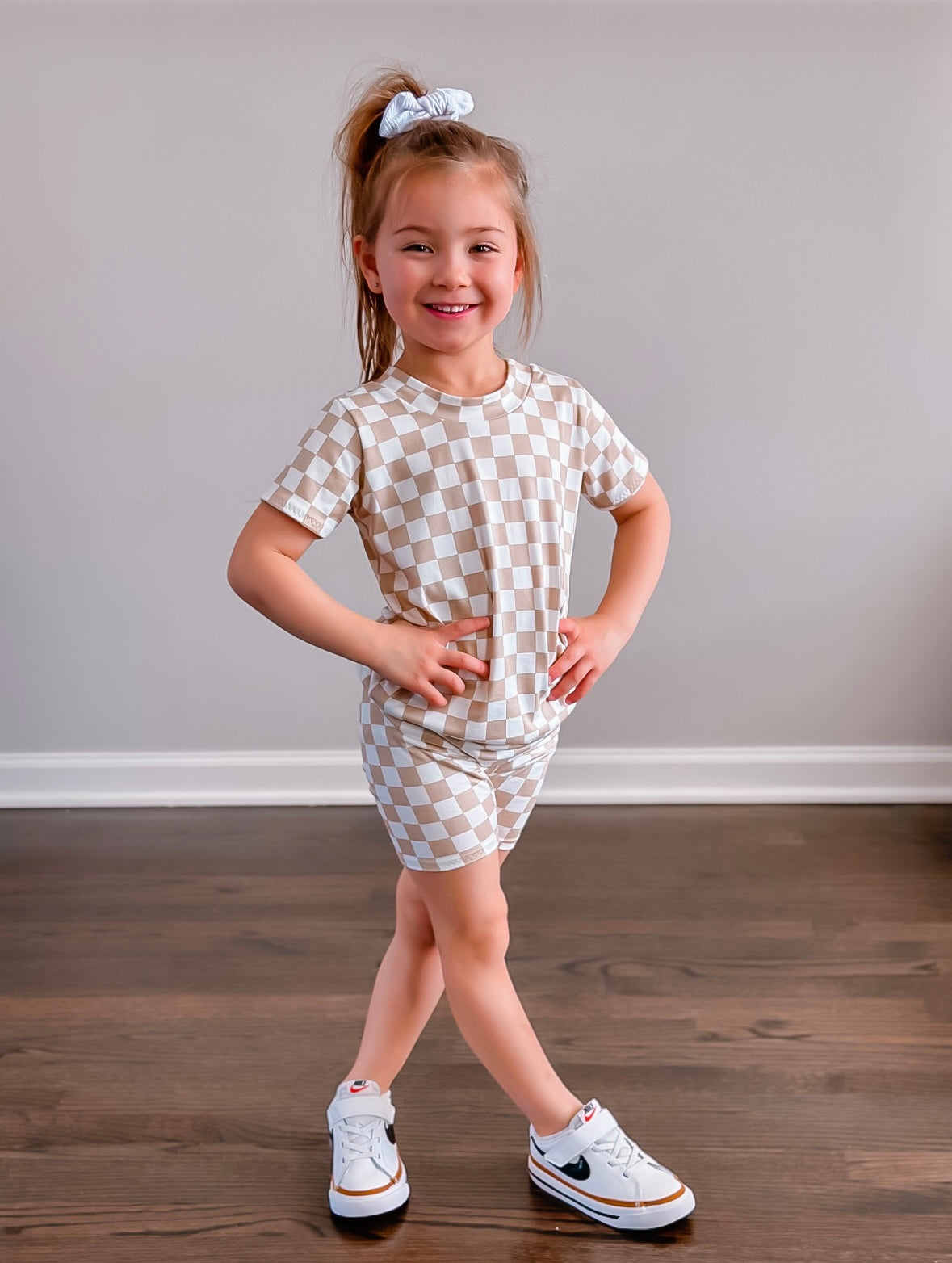 Taupe Retro Checkered Biker Shorts