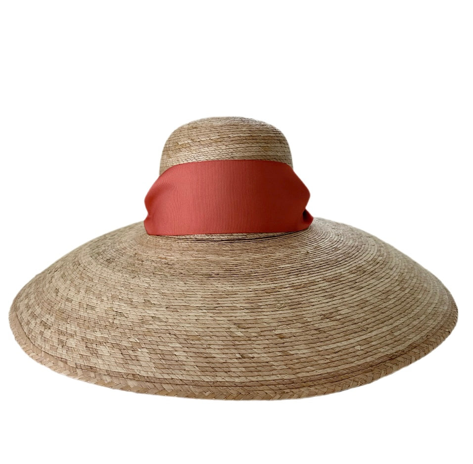 Daisy Sun Hat - Wide & Short Coral Grosgrain Ribbon
