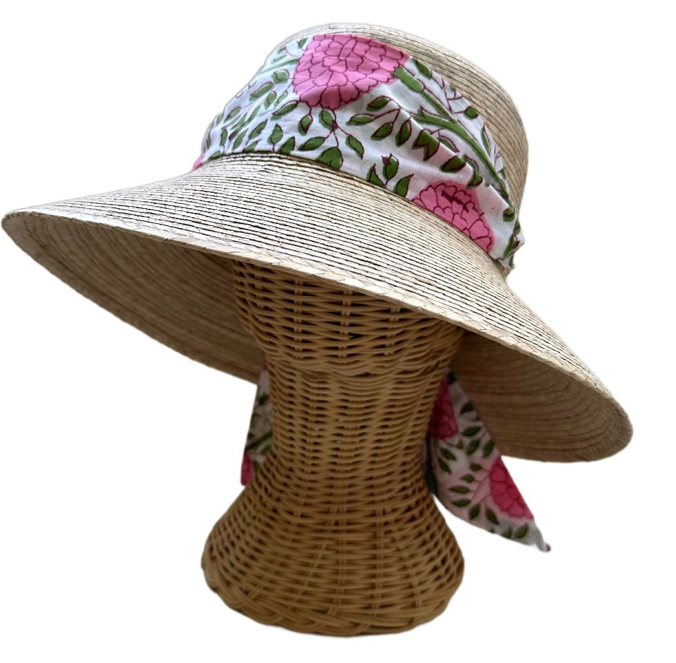 Clematis Bucket Hat - Pink Marigold Block Print Hat Scarf