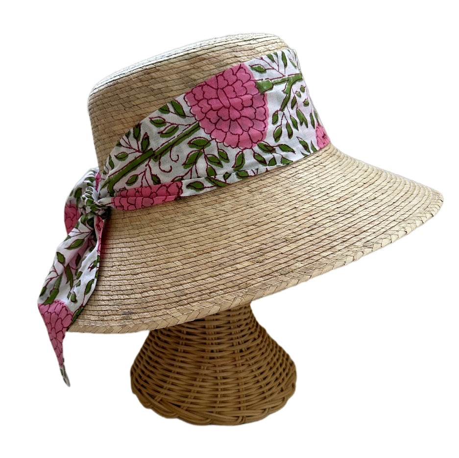 Clematis Bucket Hat - Pink Marigold Block Print Hat Scarf