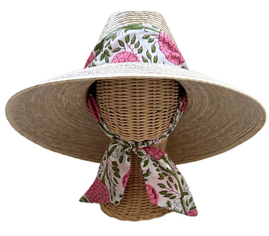 Hollyhock Sun Hat - Pink Marigold Block Print Hat Scarf