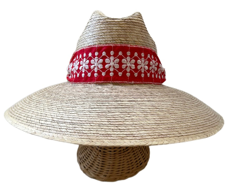 Hollyhock Sun Hat - Vintage Red And White Embroidered Ribbon