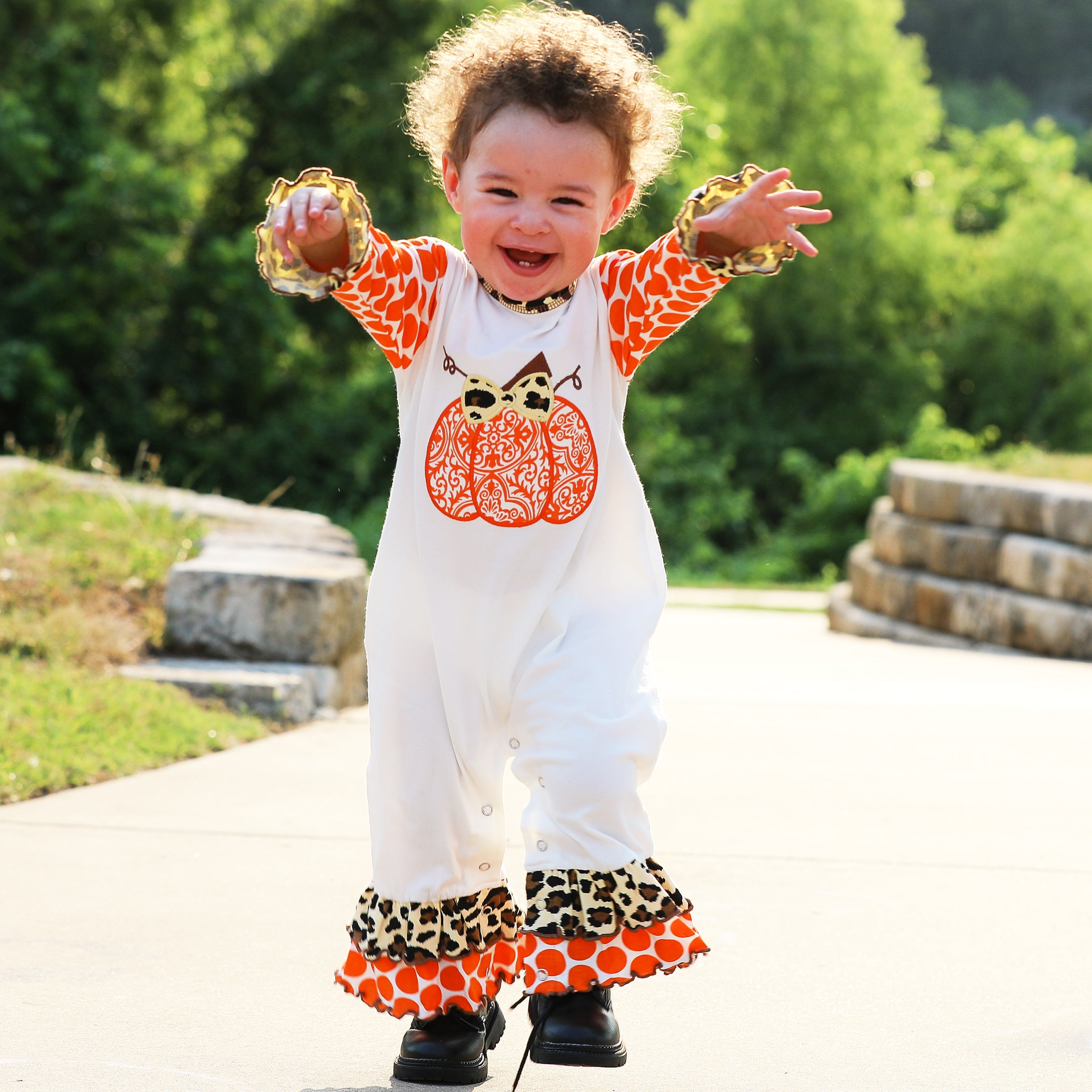 Annloren Baby Girls Orange Pumpkin Autumn Holiday Cotton Romper