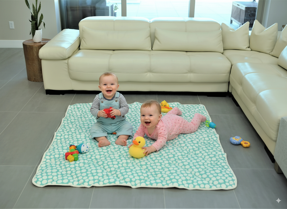 Organic Cotton Play Mat/quilted Blanket - Forest Friends/mint Pebbles Reversible