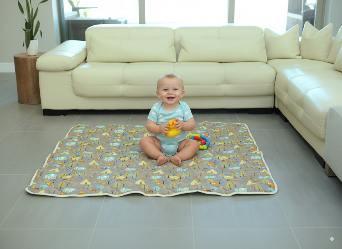 Organic Cotton Play Mat/quilted Blanket - Forest Friends/mint Pebbles Reversible