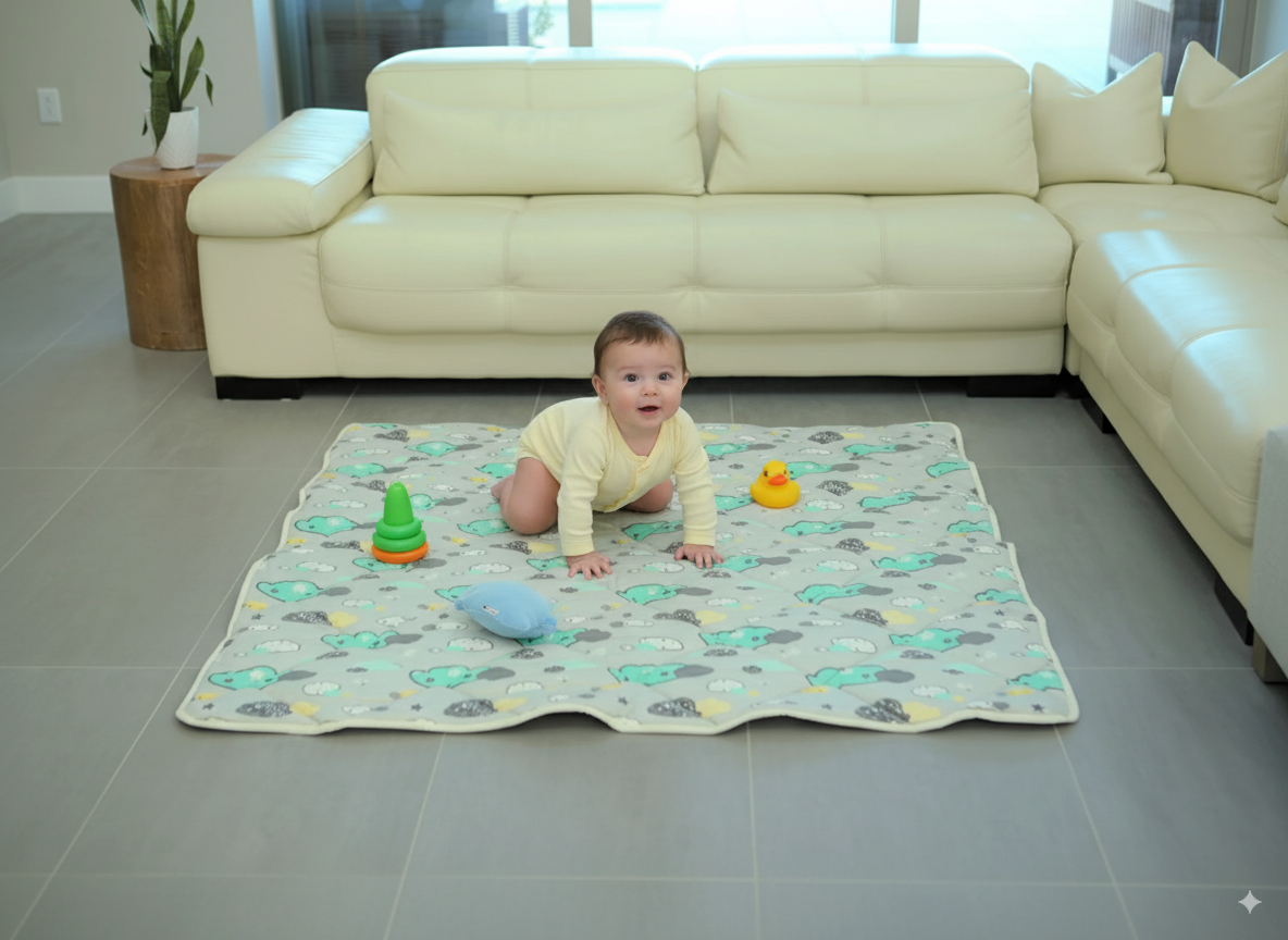 Organic Cotton Play Mat/quilted Blanket - Dreamy Sky/love Gray Reversible