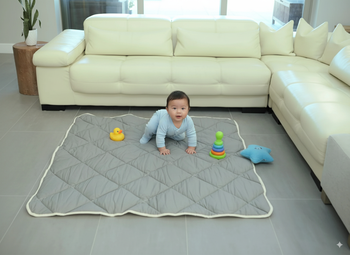 Organic Cotton Play Mat/quilted Blanket - Solid Gray/love Hazelnut Reversible