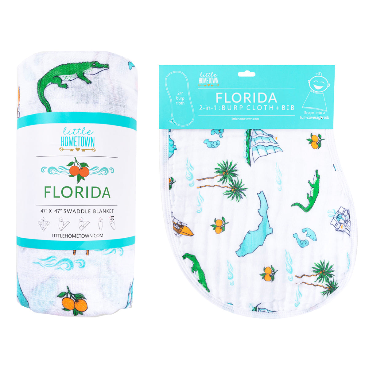 Gift Set: Florida Baby Muslin Swaddle Blanket And Burp Cloth/bib Combo
