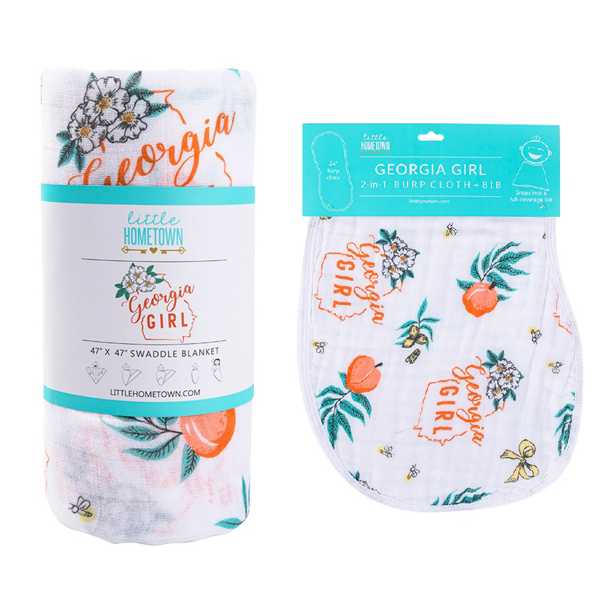 Gift Set: Georgia Girl Muslin Swaddle Blanket And Burp Cloth/bib Combo