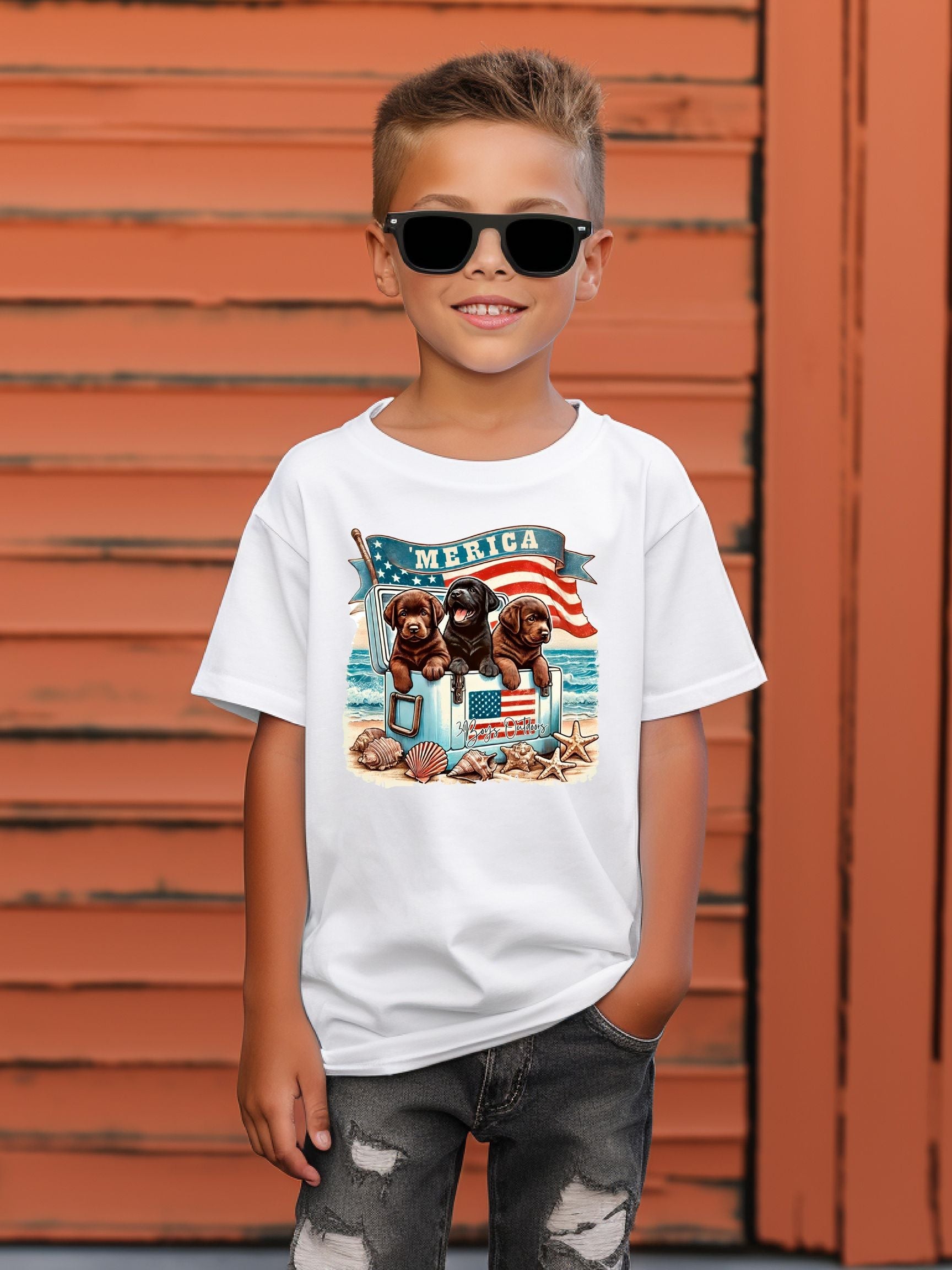 3boys Outdoors Puppies In Cooler 'merica Tee