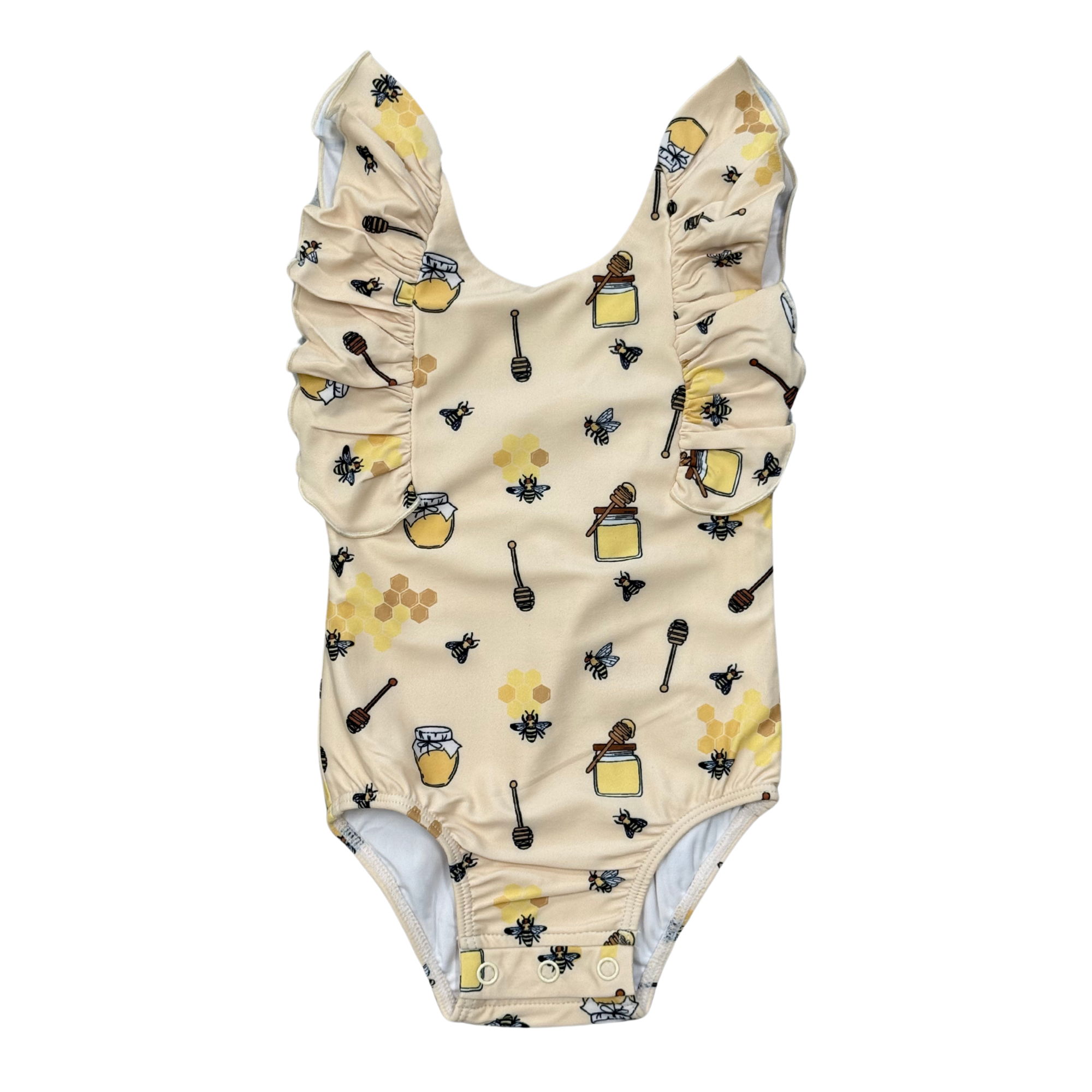 Girl's Ruffle Sleeve Cross Back Swimsuit