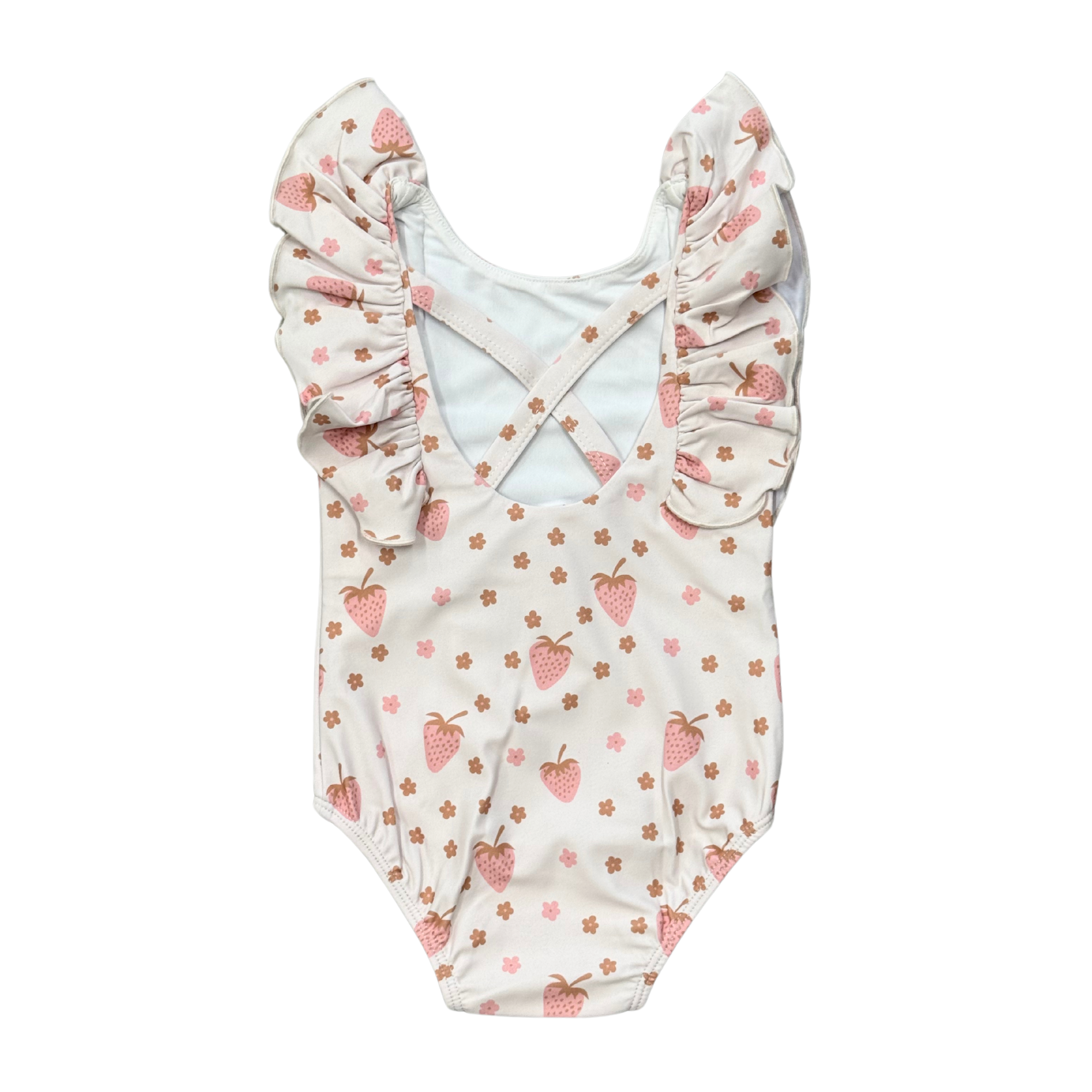 Girl's Ruffle Sleeve Cross Back Swimsuit