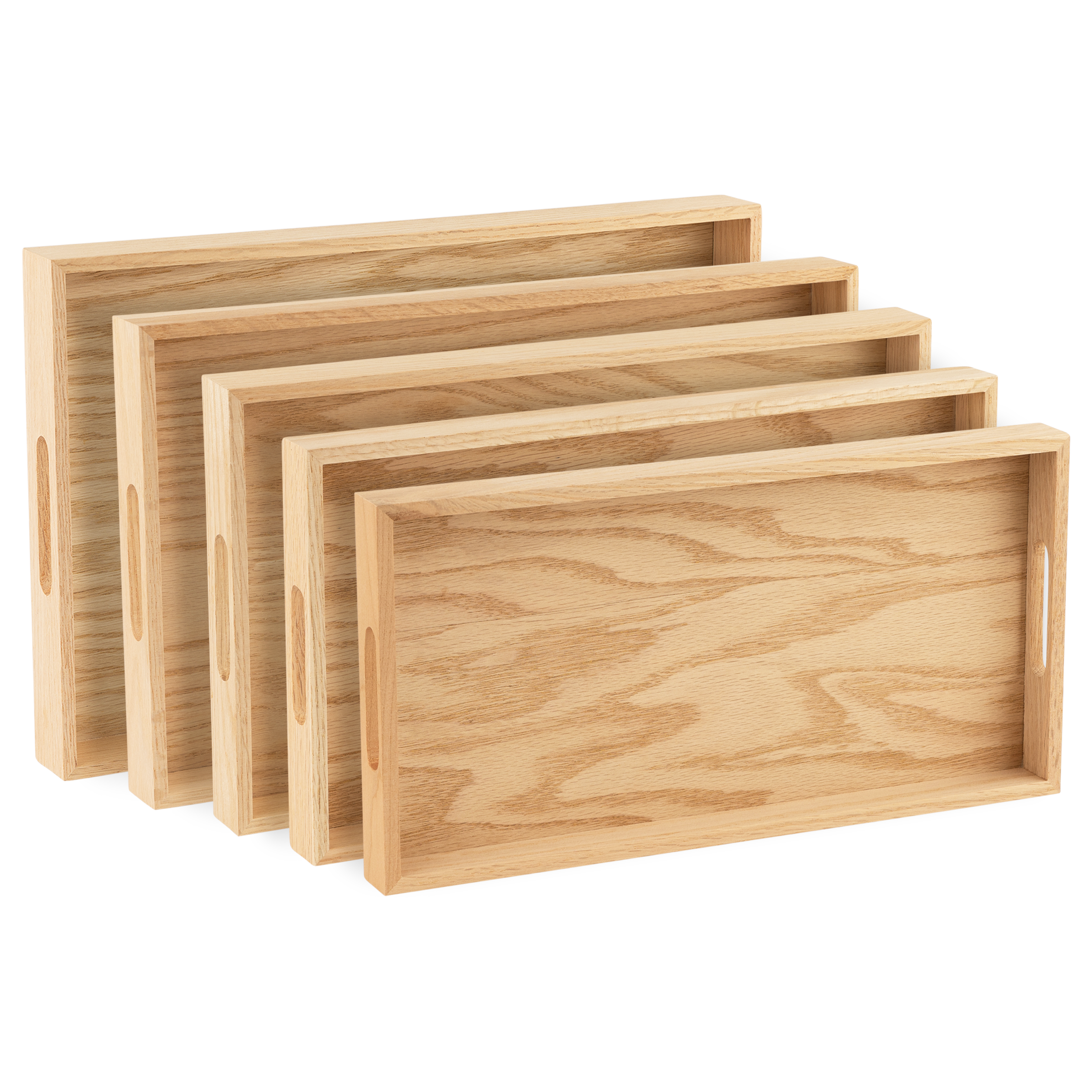 Oak Wood Nested Serving Trays Five Piece Set Of Rectangular Quality Wooden Trays With Cut Out Handles