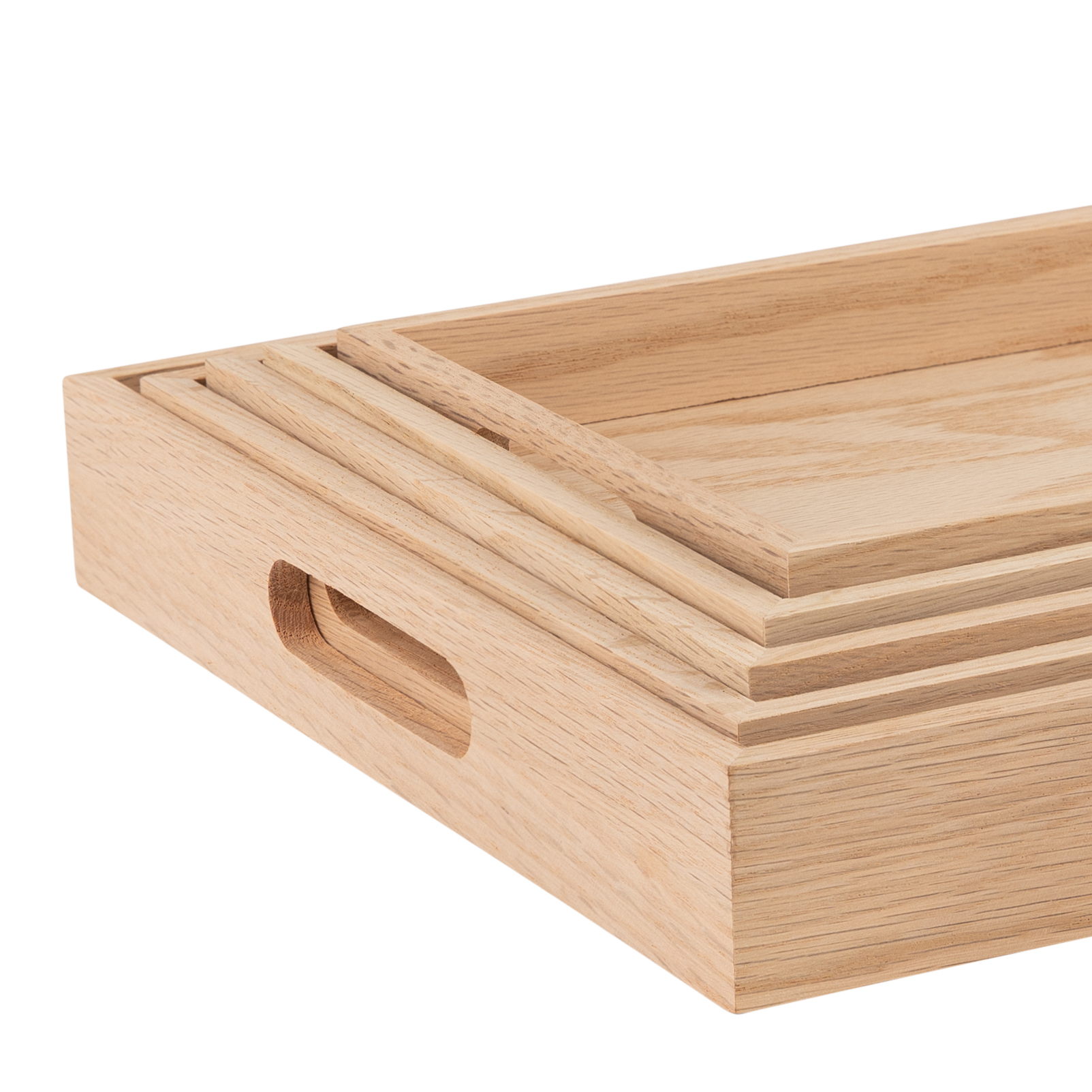 Oak Wood Nested Serving Trays Five Piece Set Of Rectangular Quality Wooden Trays With Cut Out Handles