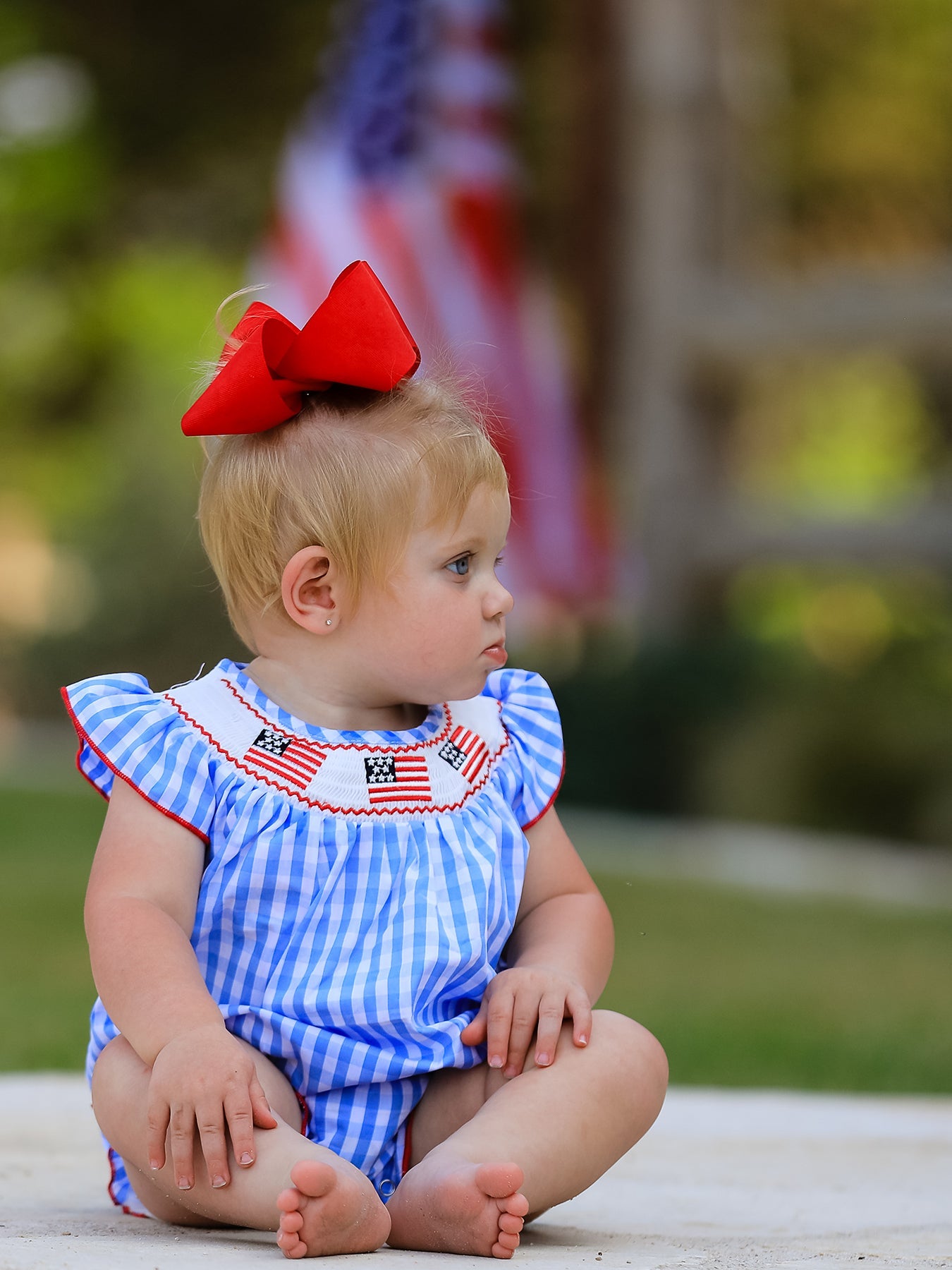 4th Of July Flag Embroidery Smocking Girls Romper