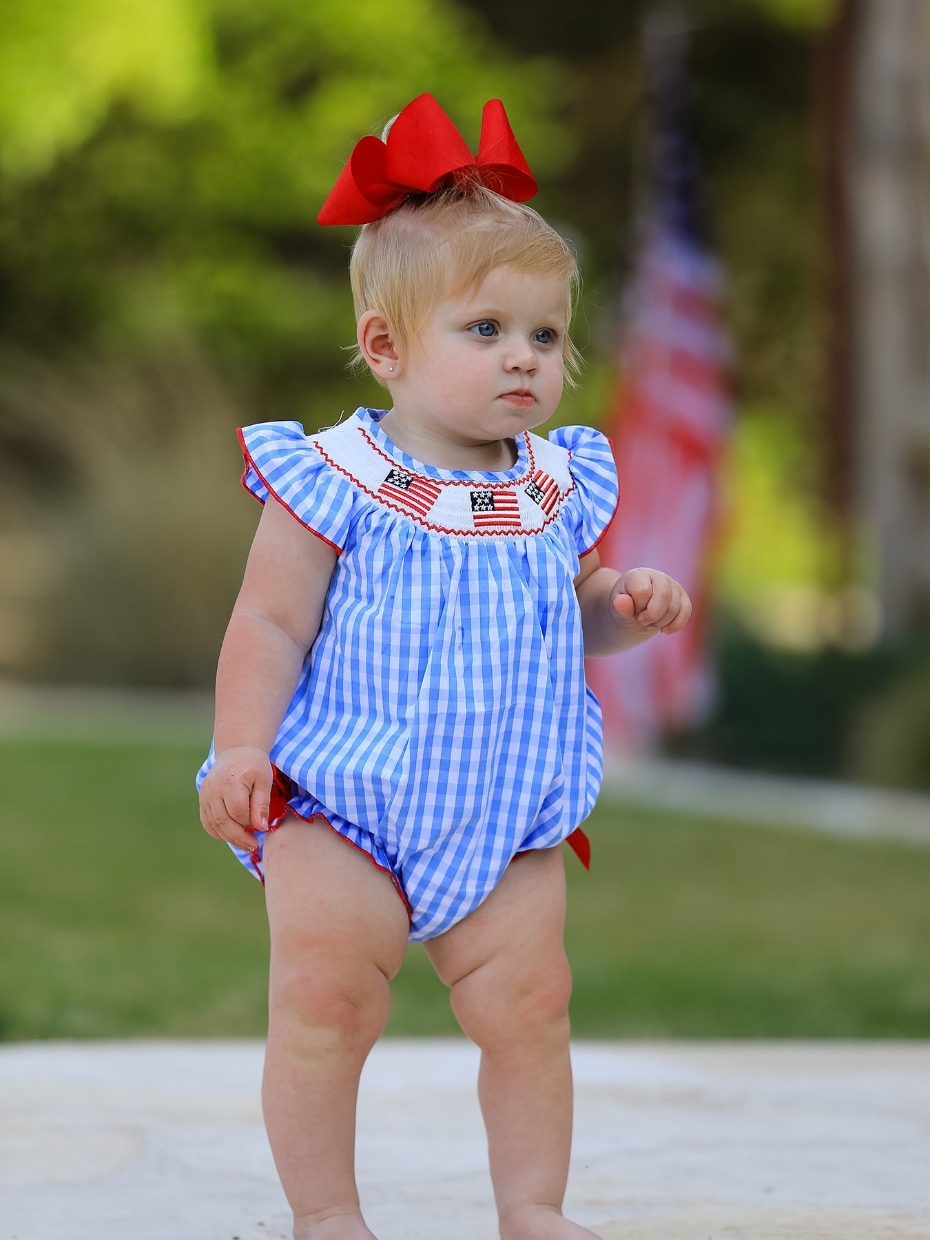 4th Of July Flag Embroidery Smocking Girls Romper