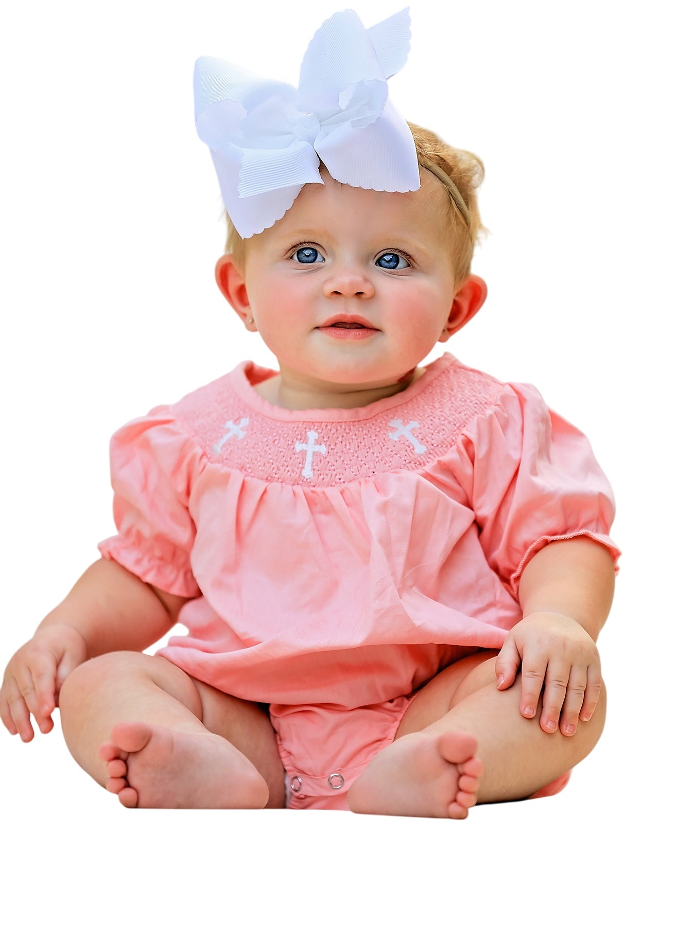 Pink Smocking Embroidered Crucifix Girls Romper