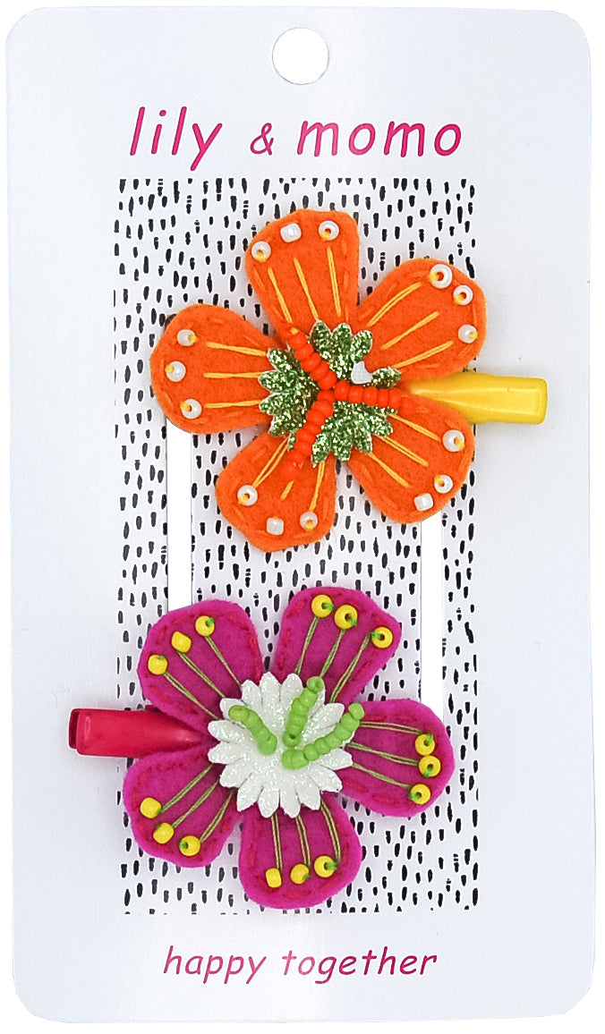 Hawaiian Flowers Hair Clips- Orange And Pink