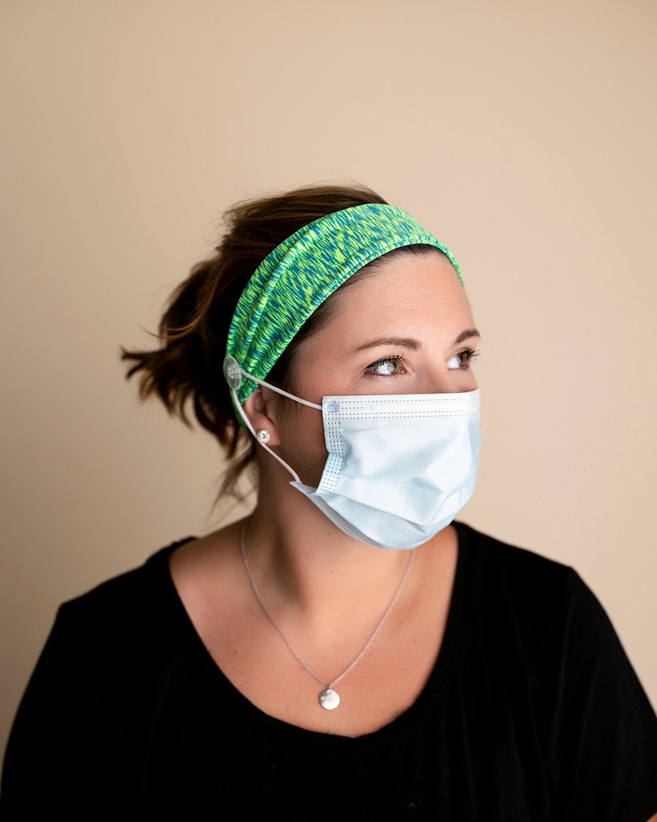 Green & Blue Savior Headbands With Buttons For Masks