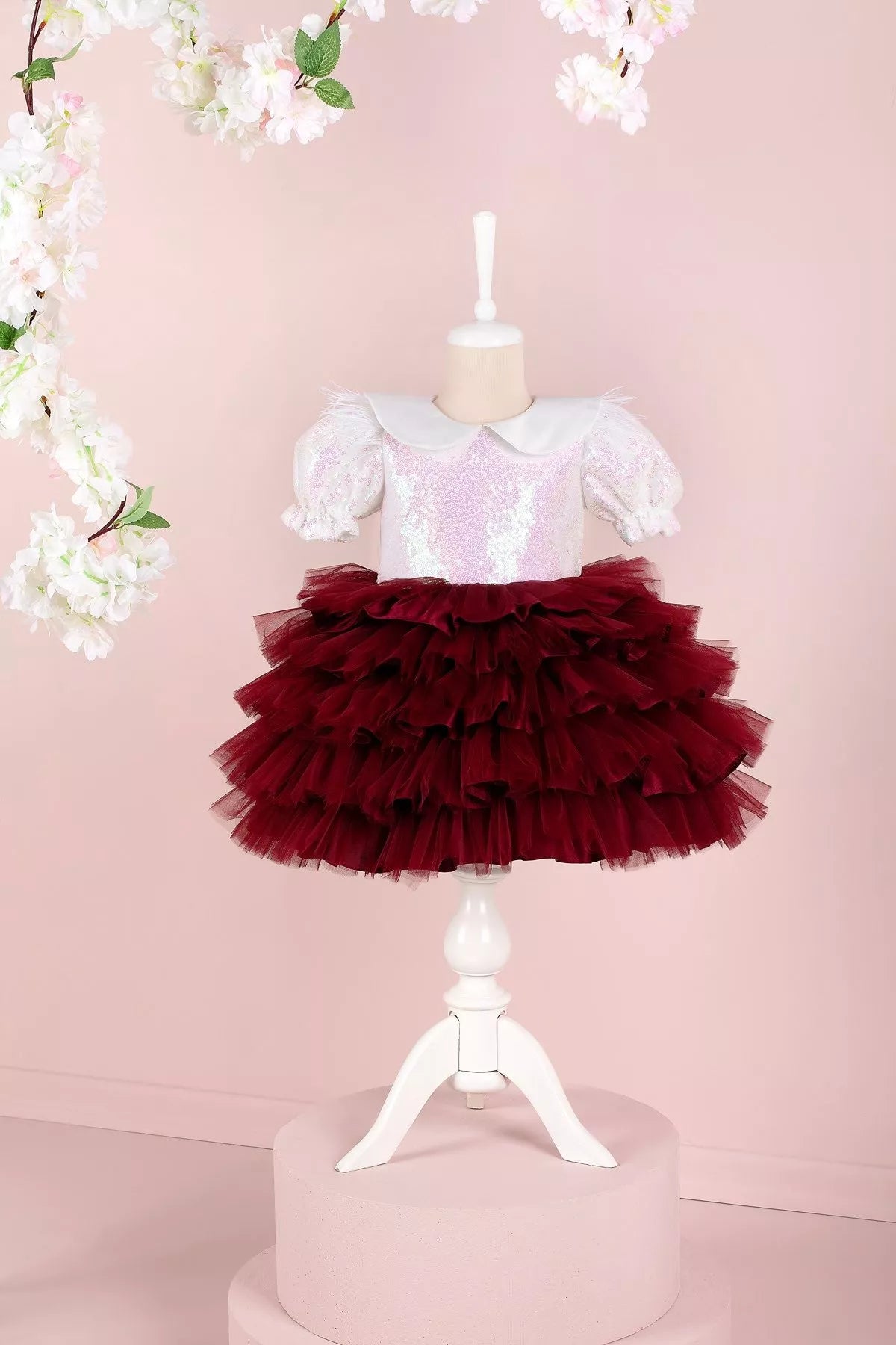 Helena White & Burgundy Party Dress