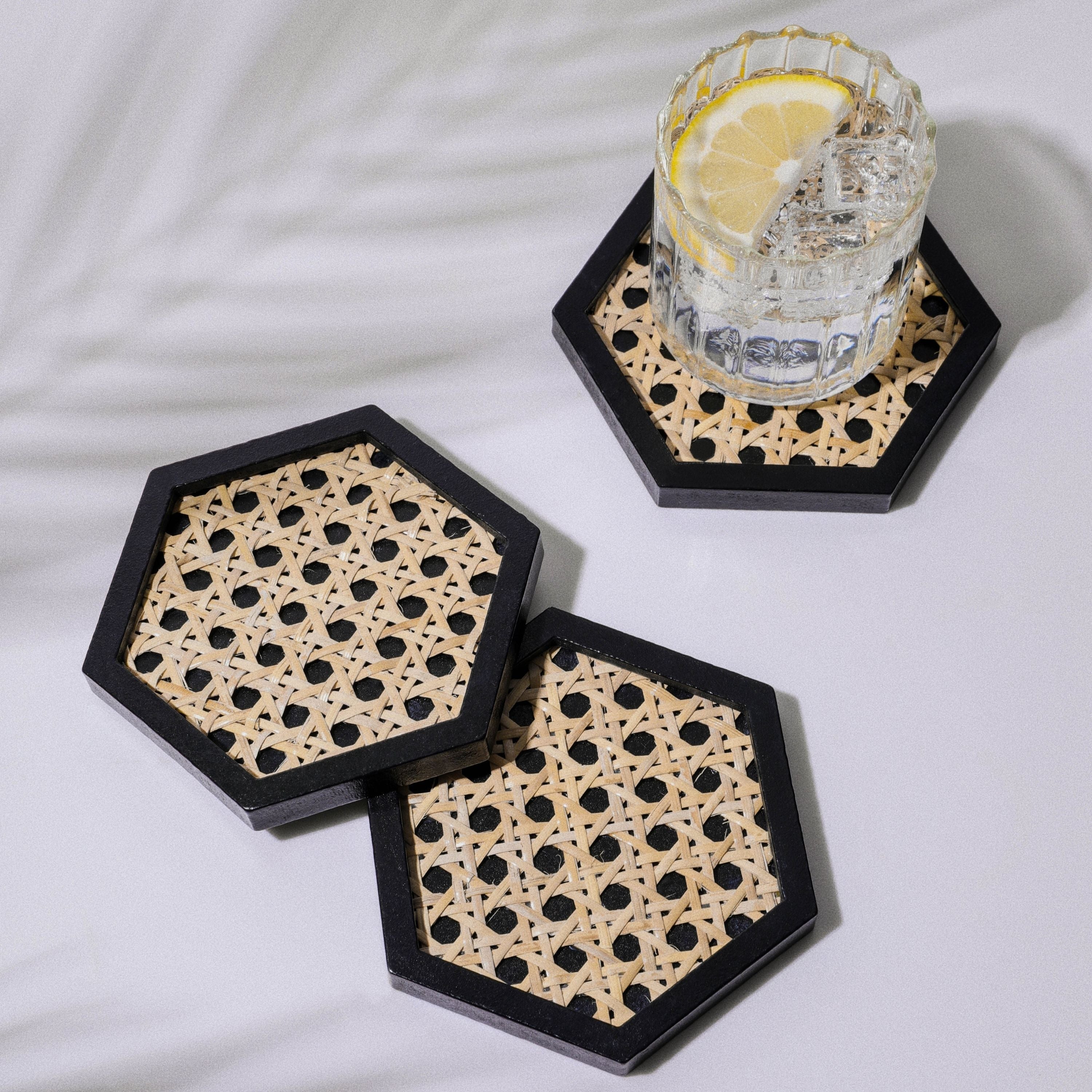 Momentdecor™ Natural Rattan & Wood Coasters Hexagon Shape