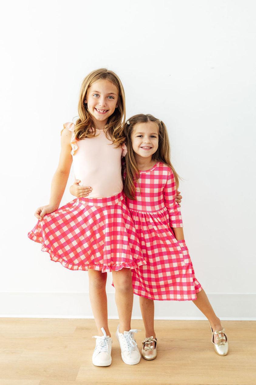 Hot Pink Gingham 3/4 Sleeve Pocket Twirl Dress