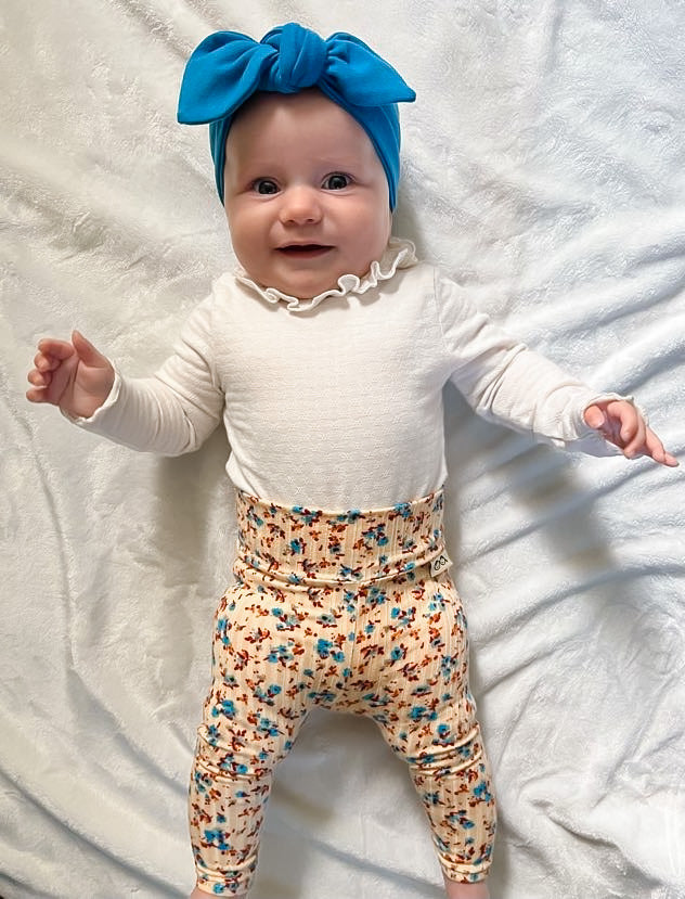 Dainty Floral On Yellow Ribbed Leggings With Blue Headband