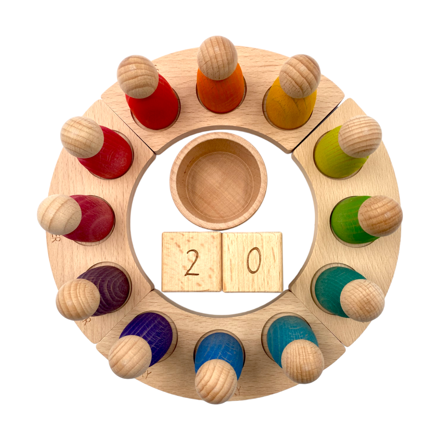 Wooden Perpetual Calendar With 12 Stained Rainbow Peg Figures