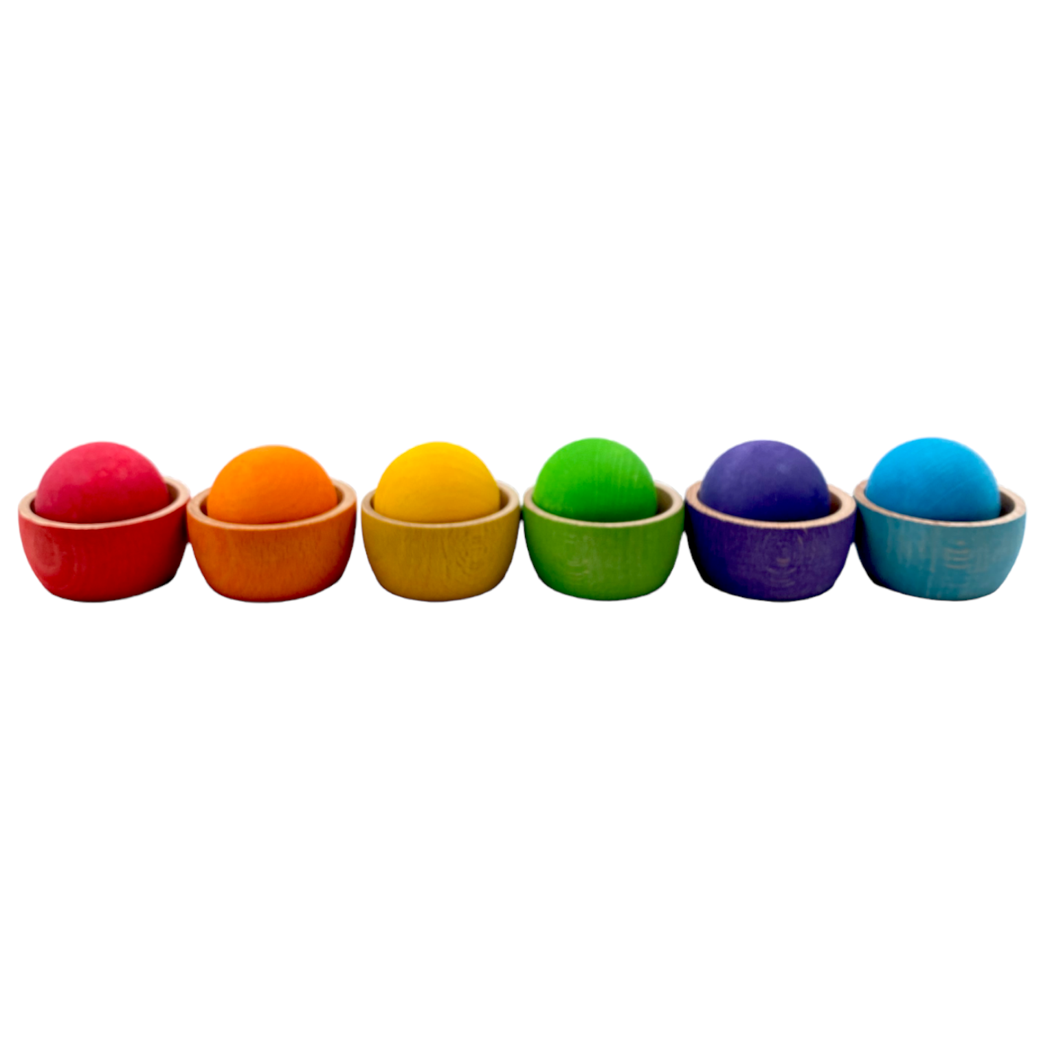 6 Stained Rainbow Wooden Bowls & Balls Set For Matching And Sorting