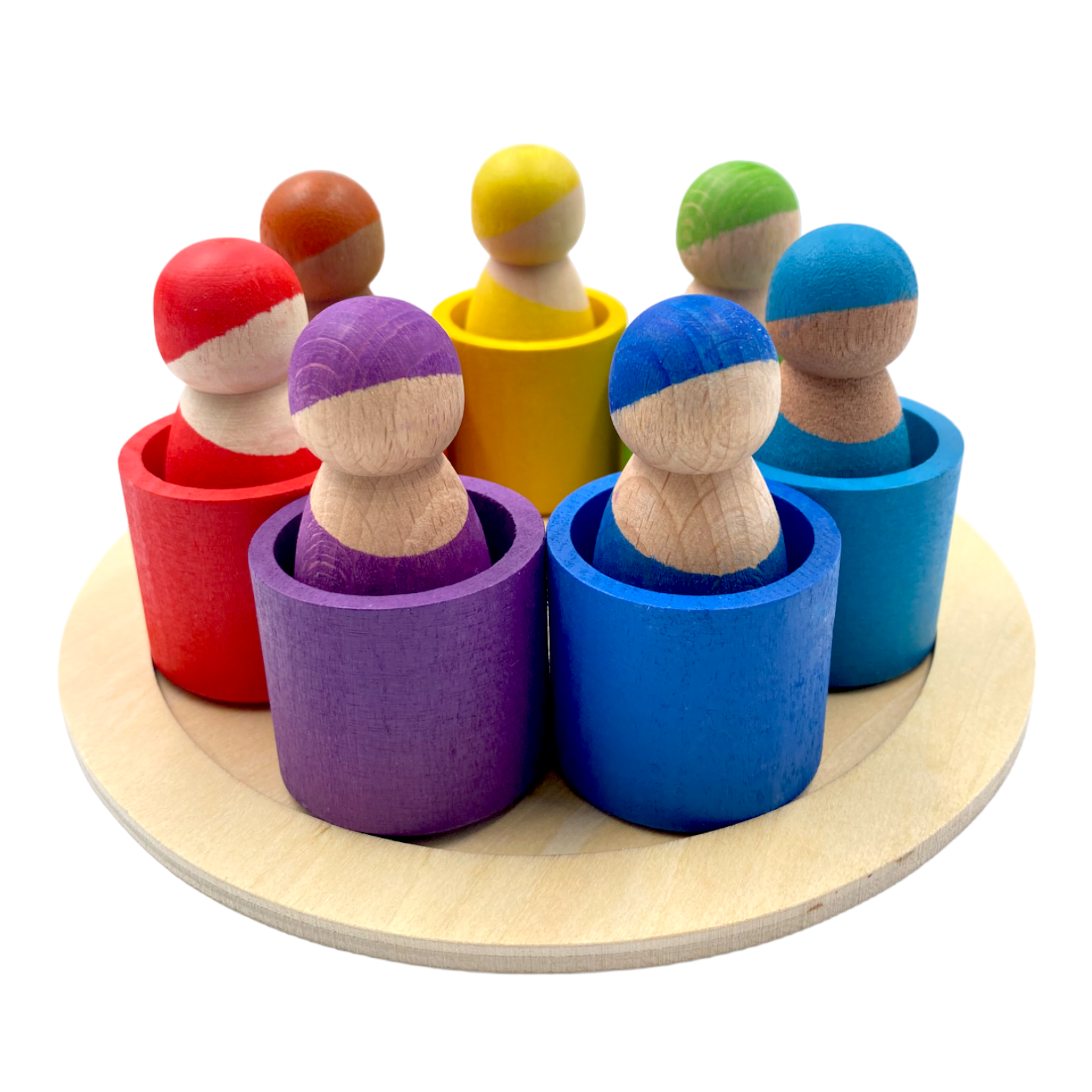 7 Different Skin Stones Stained Rainbow Wooden Peg Dolls In Bowls