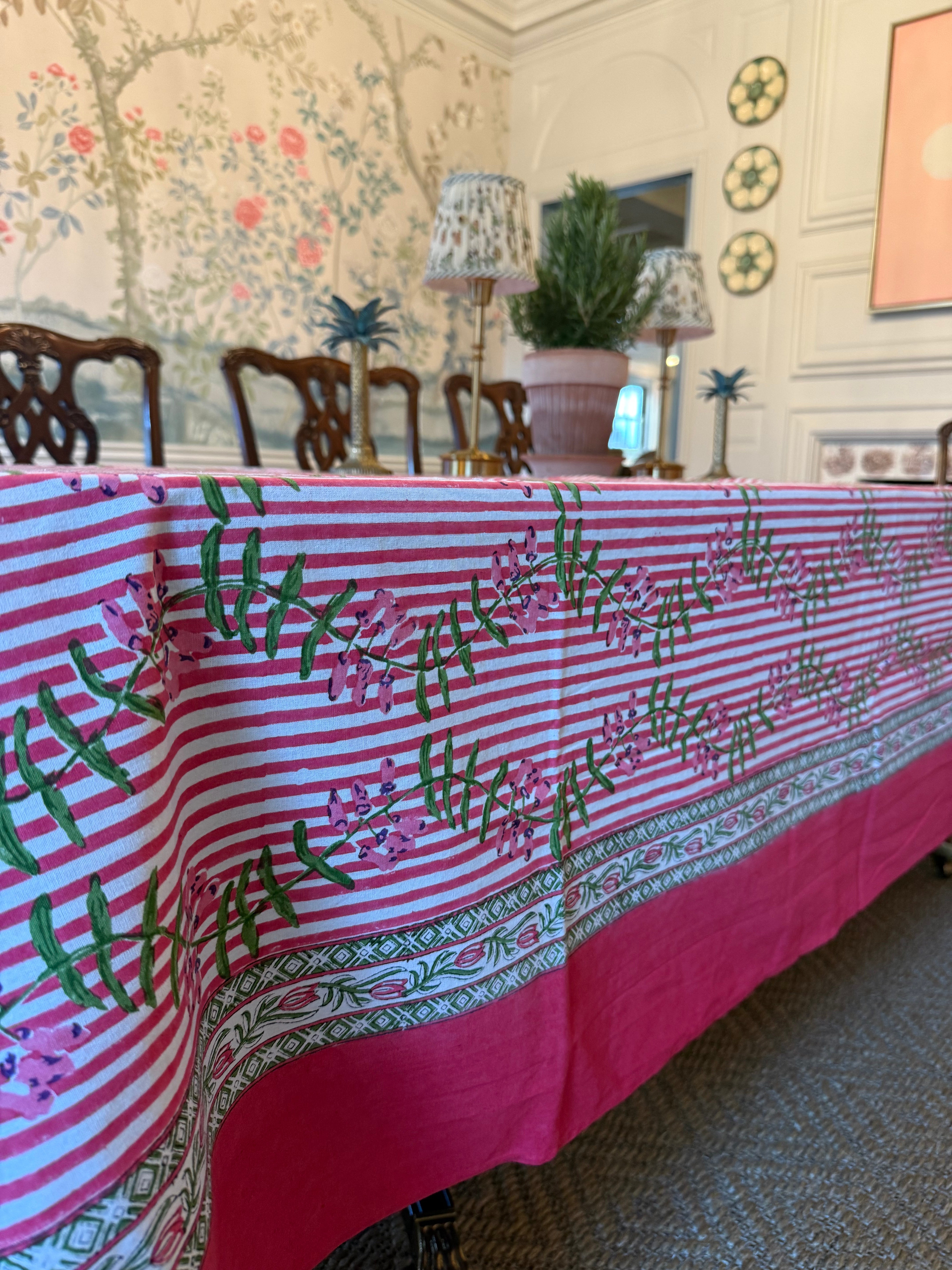 Nantucket Stripe Tablecloth In Holiday Pink