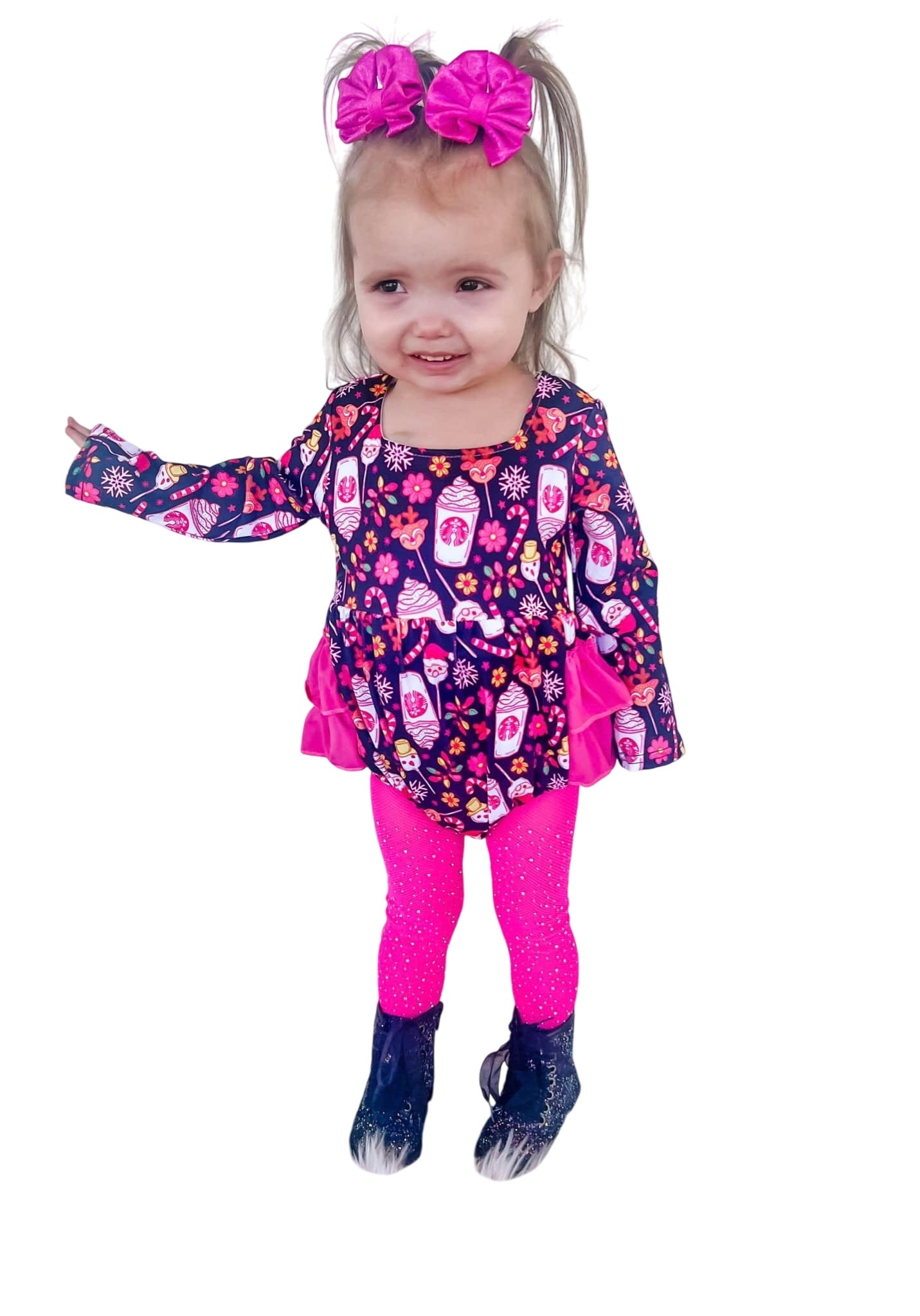 Pink Christmas Coffee Ruffle Romper