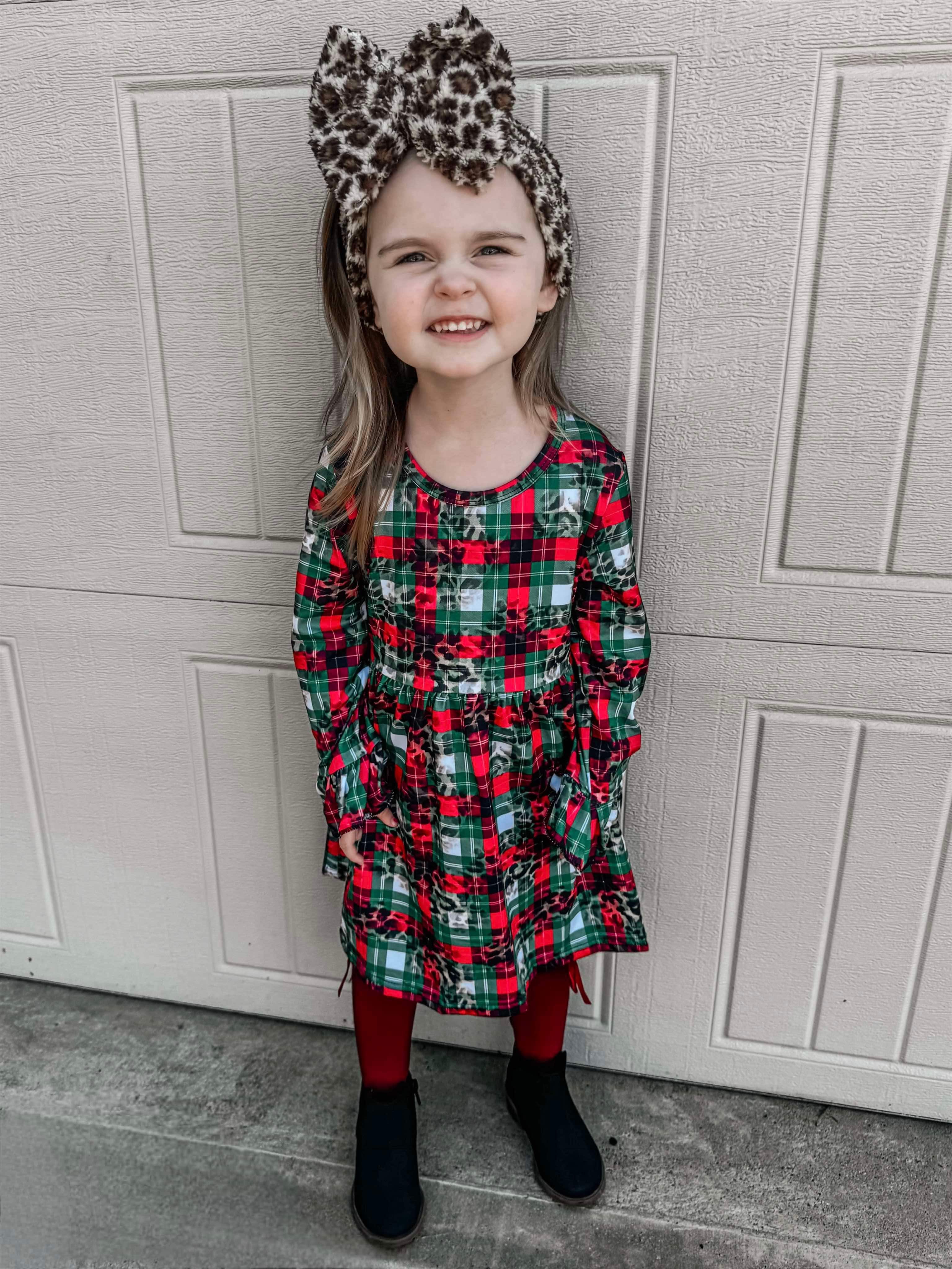 Leopard Plaid Bell Sleeve Dress