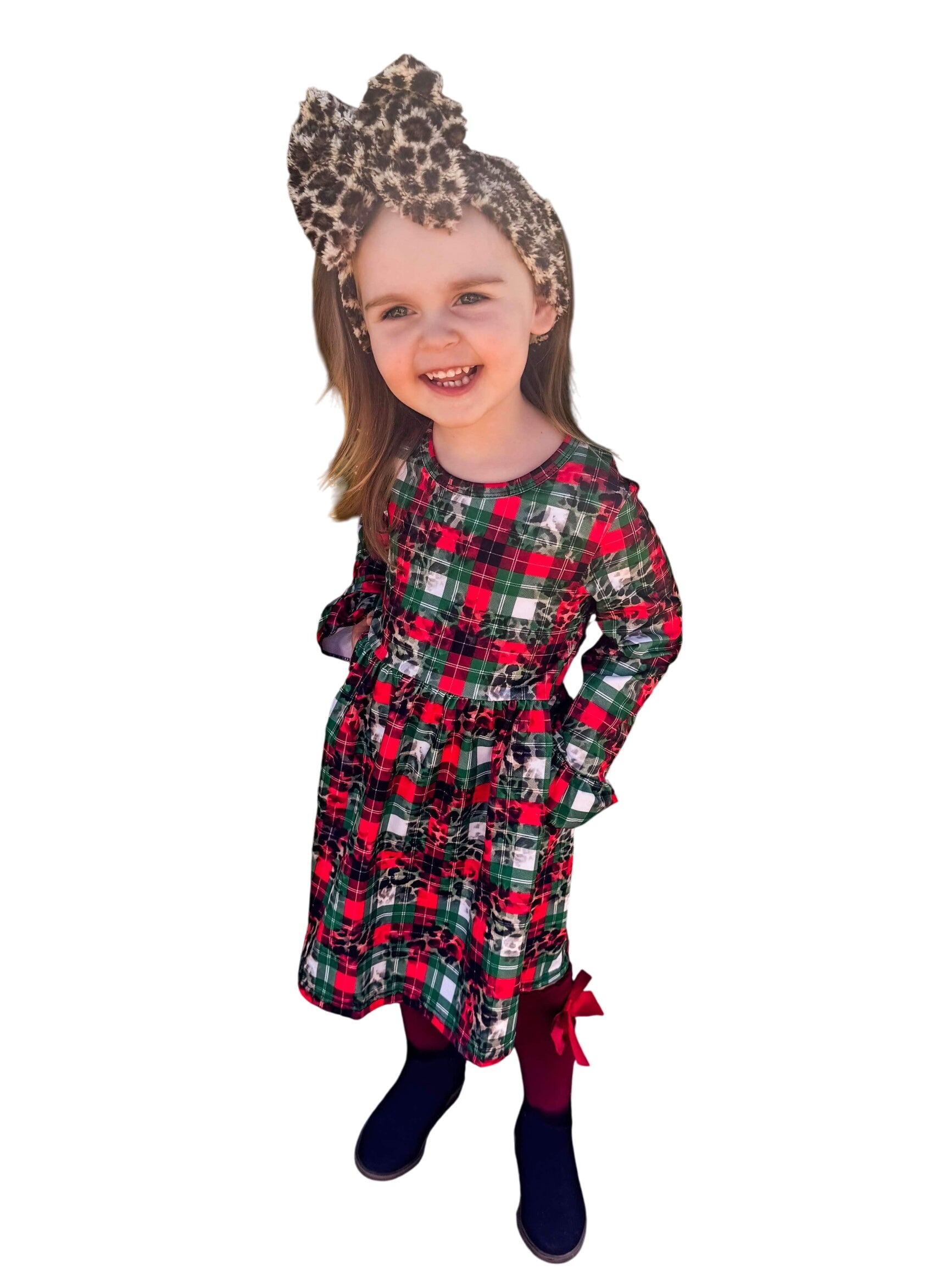 Leopard Plaid Bell Sleeve Dress