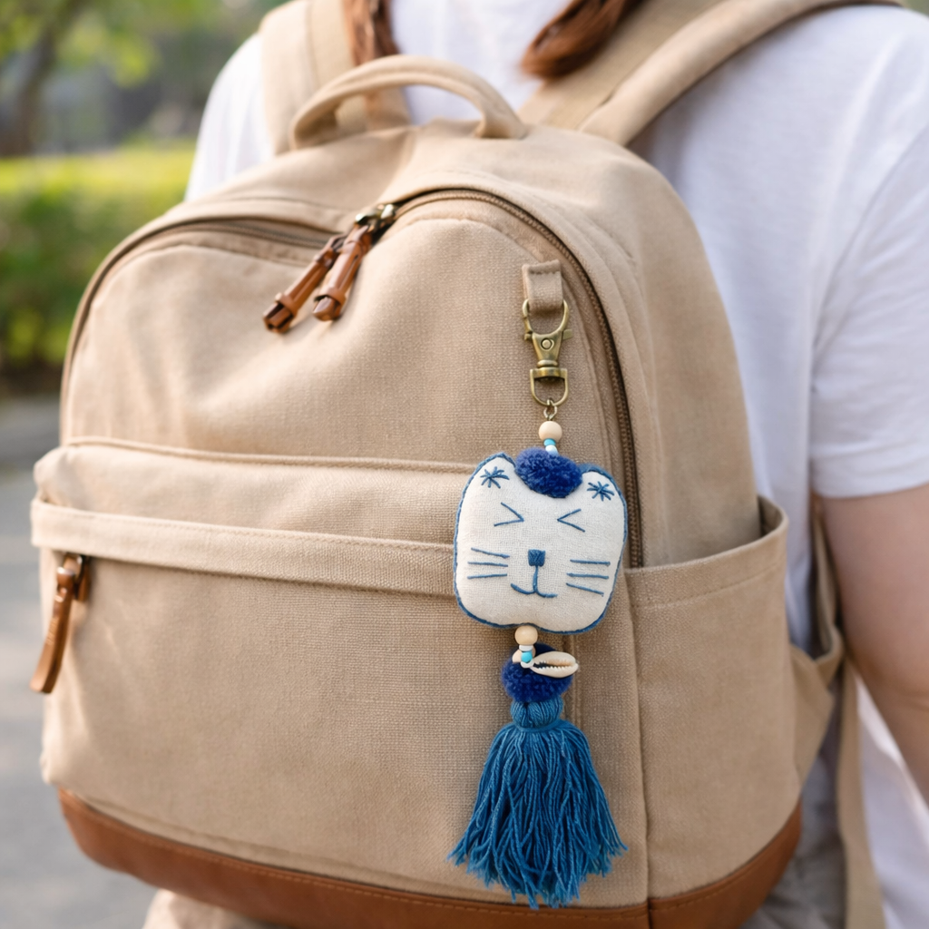 Cotton Cat Keychain With Pompom & Tassel
