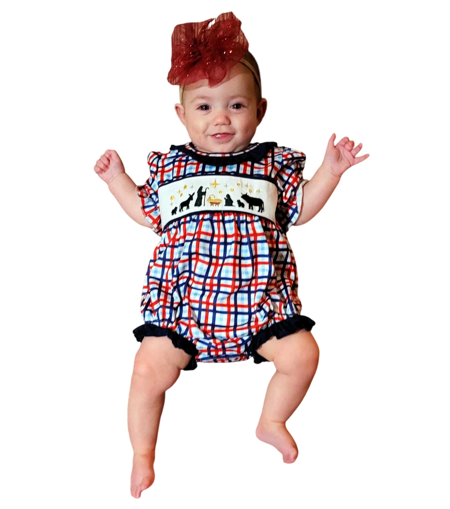 Nativity Plaid Embroidery Romper