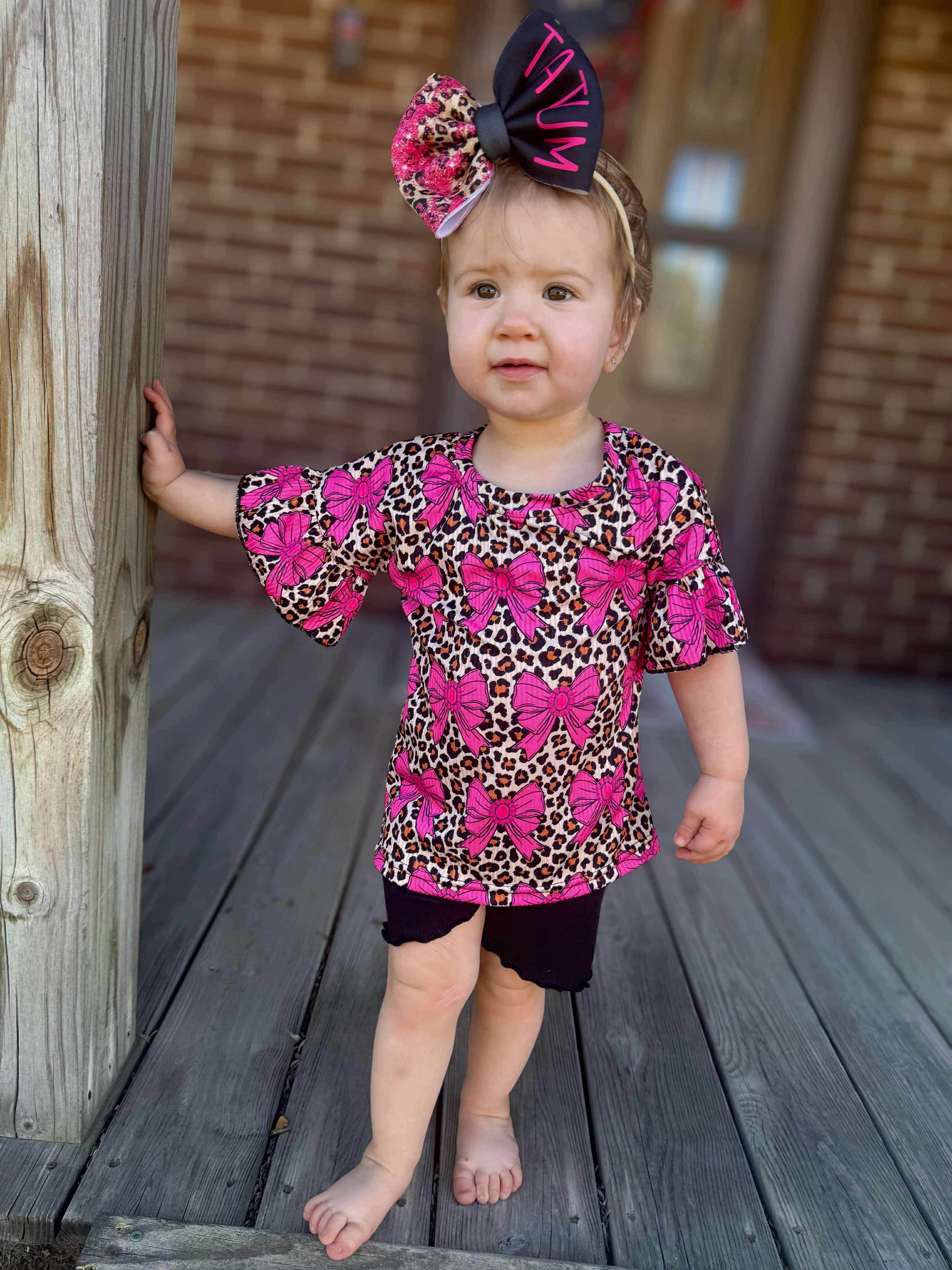 Leopard Bow Ribbed Ruffle Top