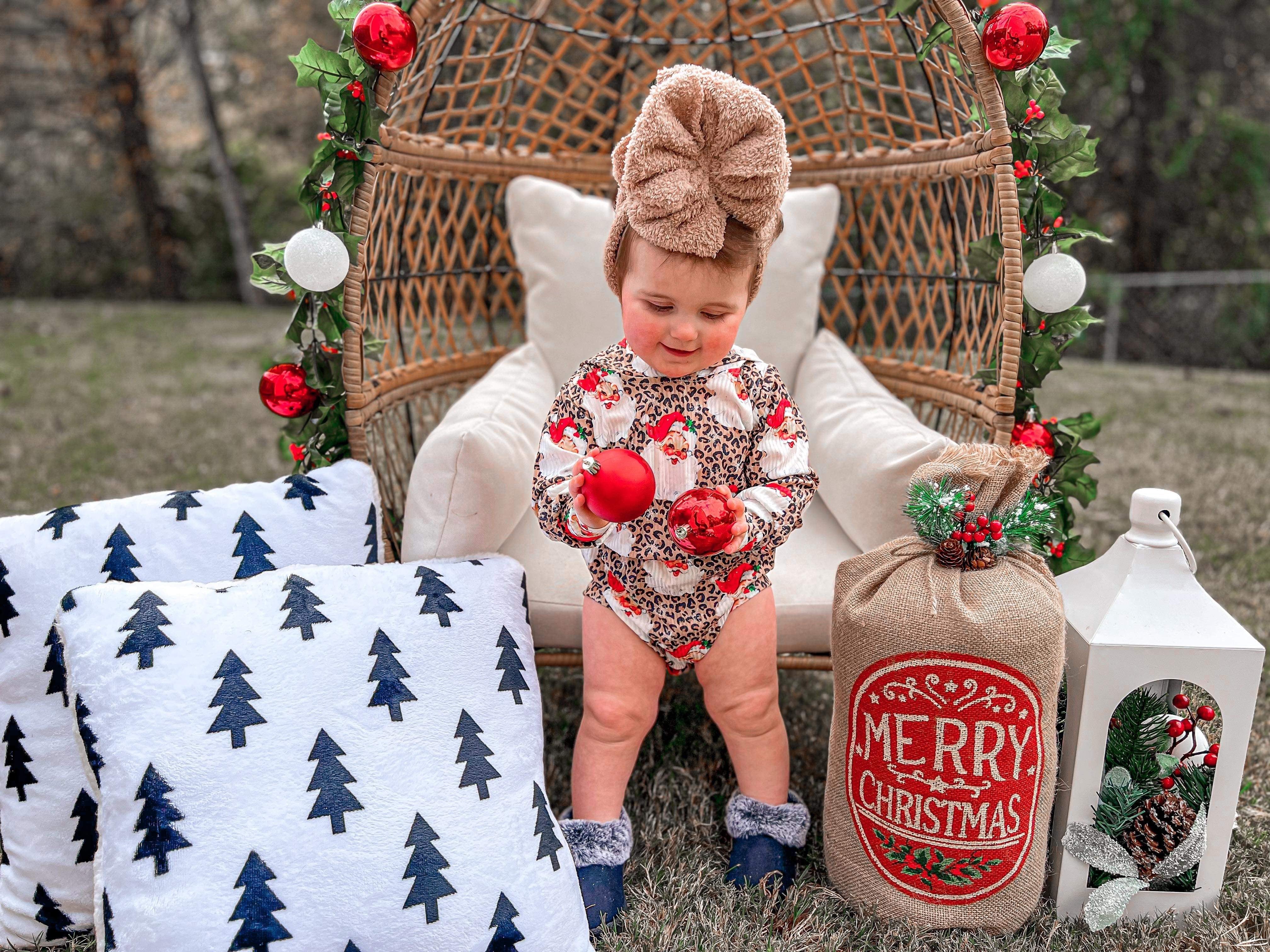 Leopard Santa Ribbed Hooded Romper