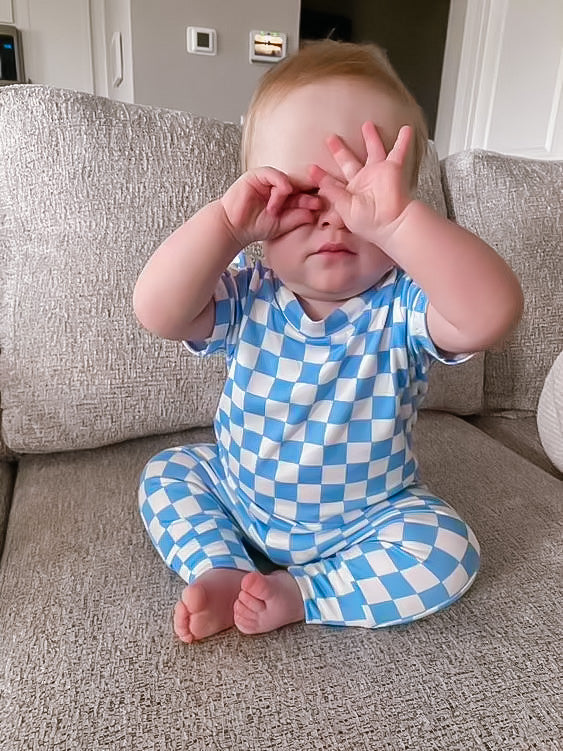Blue Retro Checkered Harem Romper