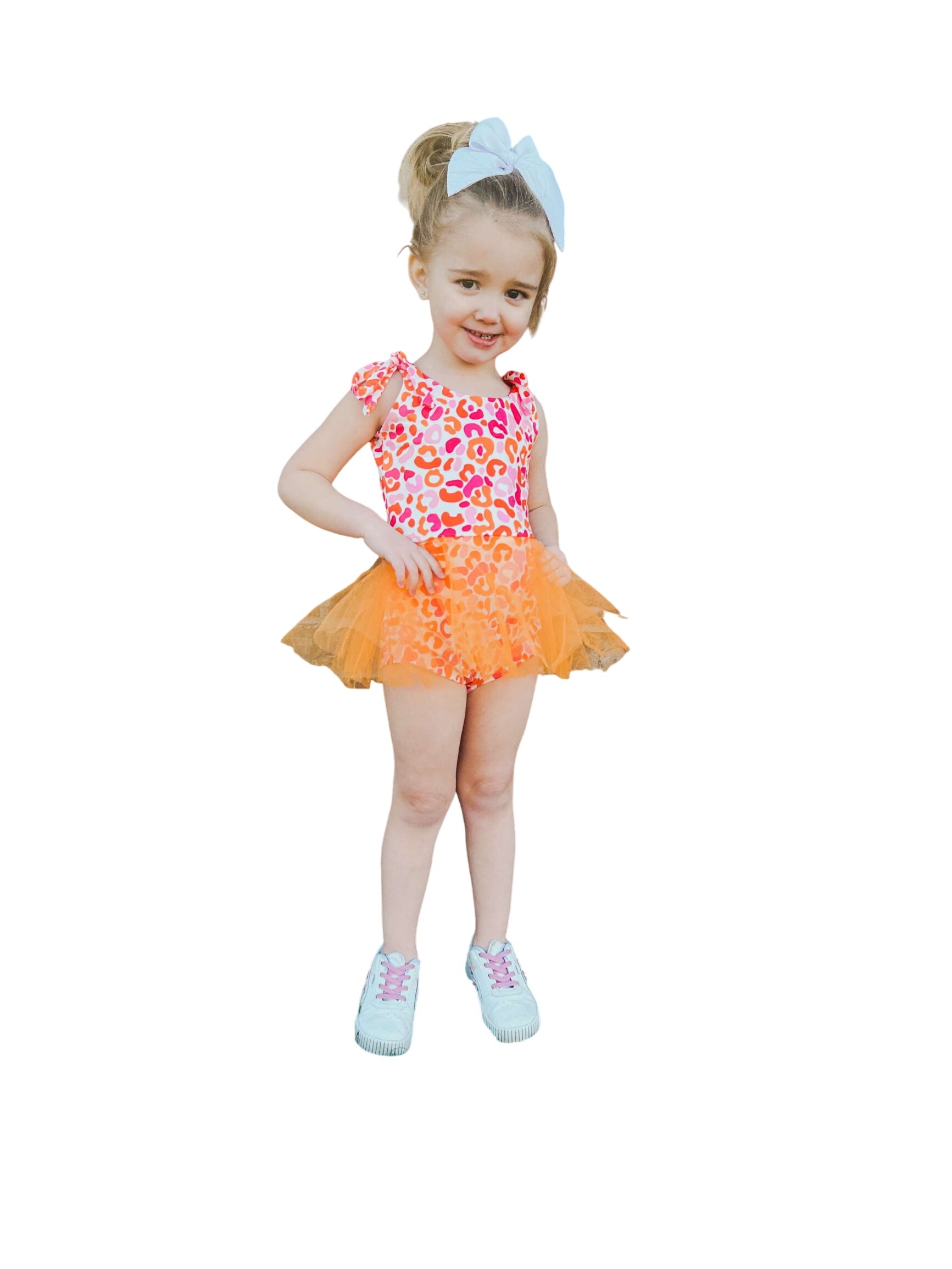 Orange And Pink Leopard Mesh Skirted Romper