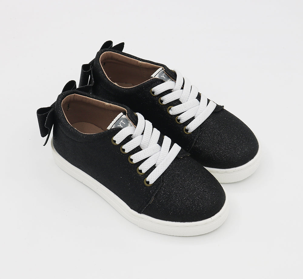 Bow Low Top Sneakers - All Black Soft Glitter